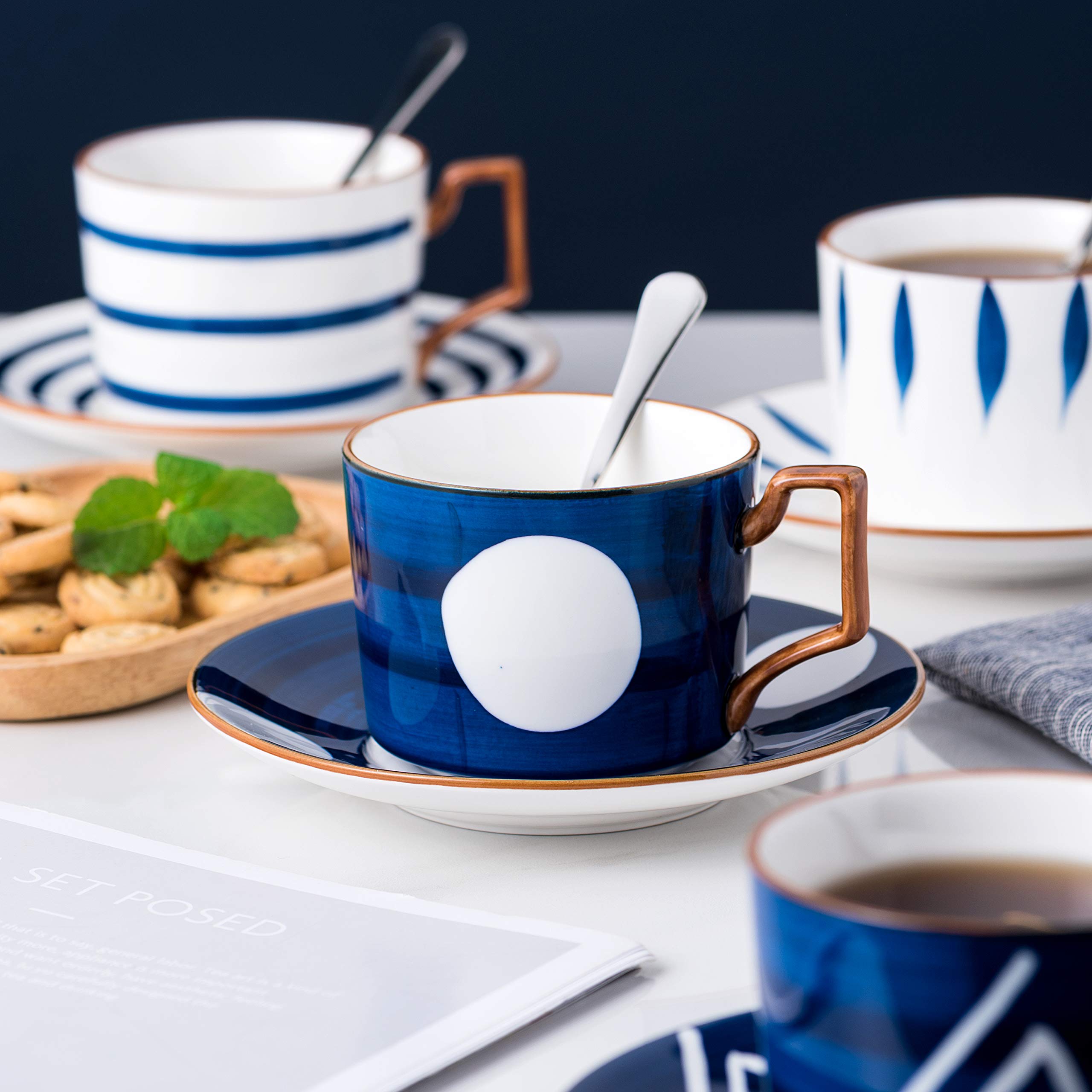 Jusalpha Japanese Style Hand Printed- 7Oz Fine China Tea Cup/Coffee Cup With Spoon And Tray/Saucer Set, Tableware, Serve Of 4, T