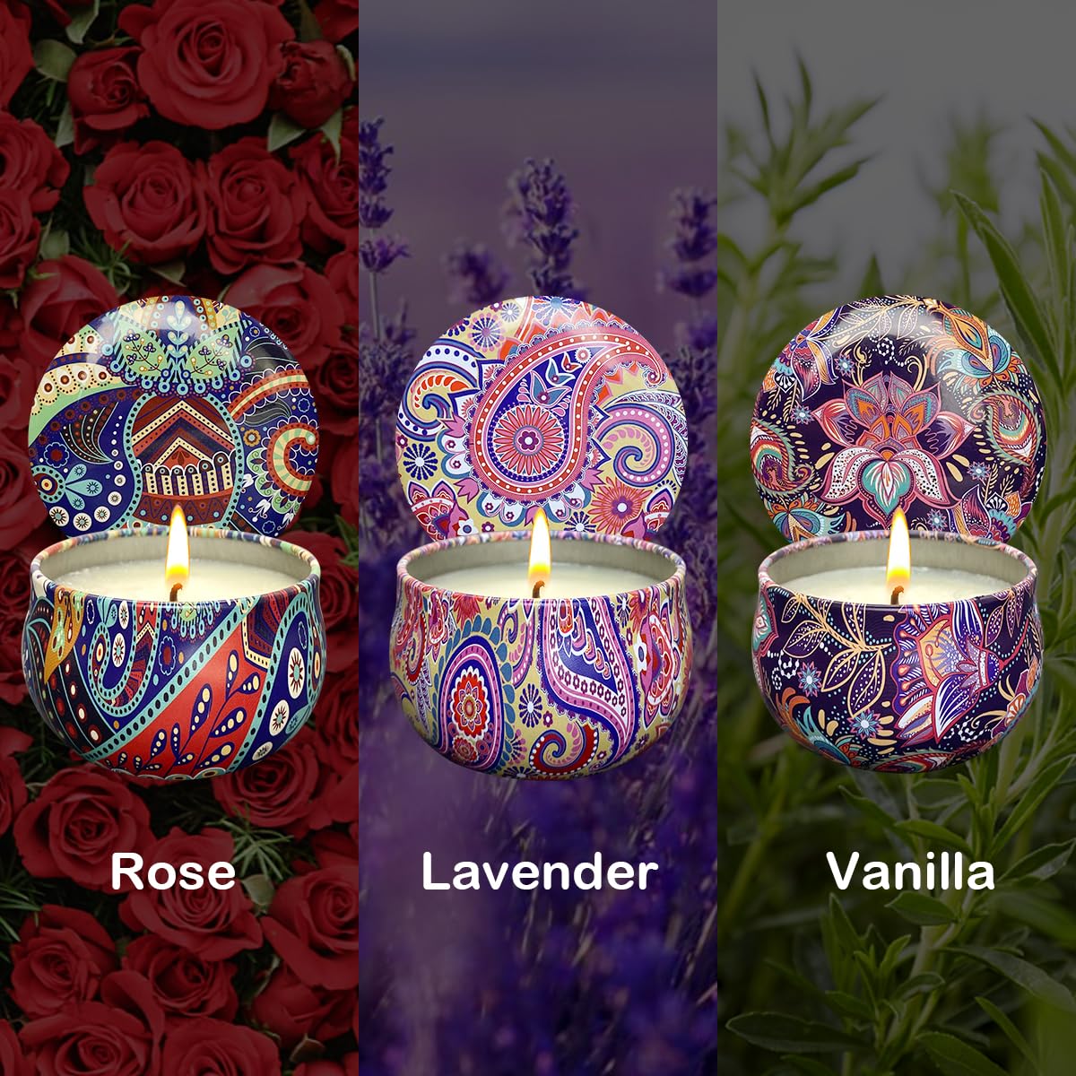 3 Pack Home Scented Candles - Strong Lavender, Vanilla & Rose Candle, 2.5 Oz, 100% Soy, Non-Toxic, Small Candle Set for Aromathe