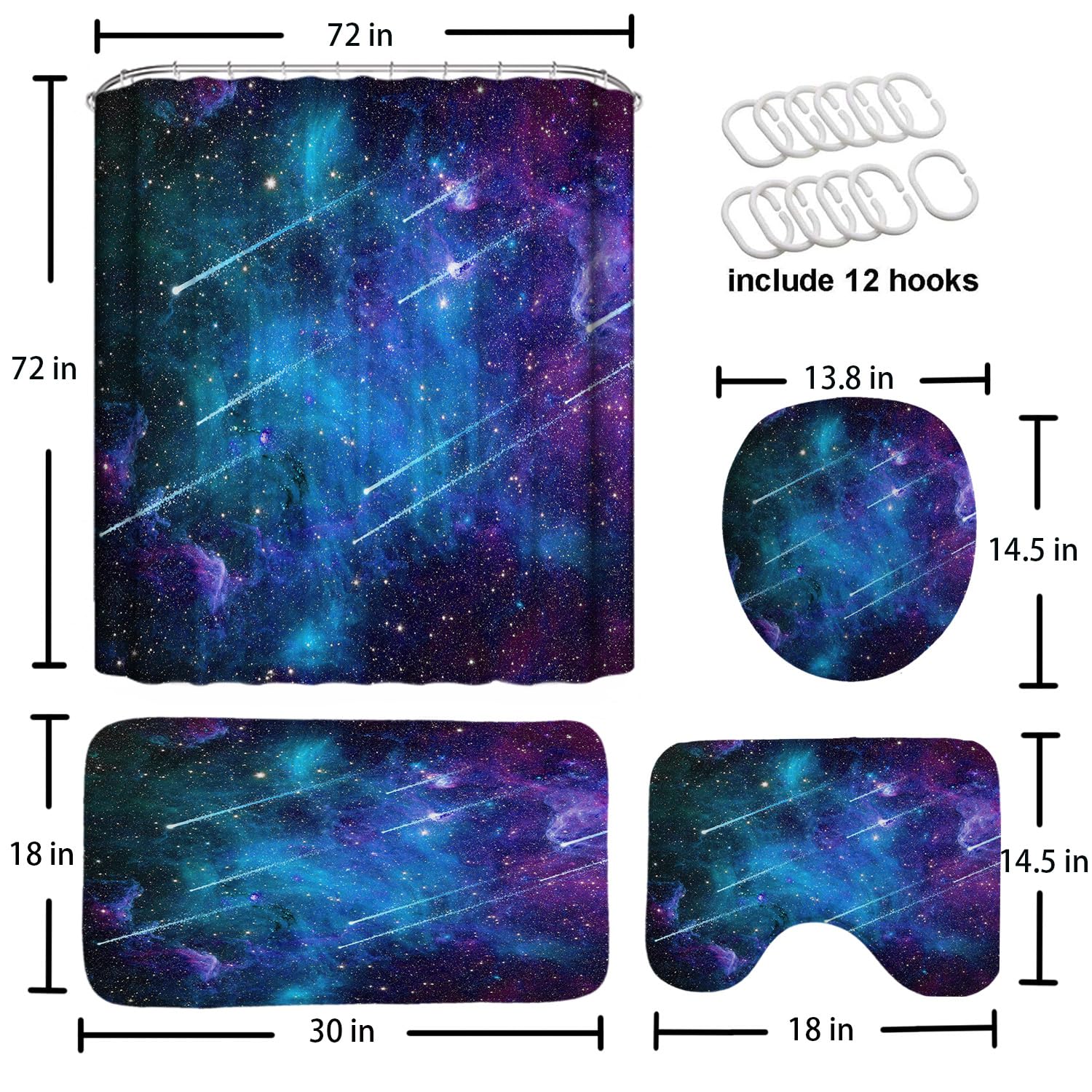 Griekowe 4 Pcs Universe Outer Space Meteor Theme Shower Curtain Sets, Starry Galaxy With Non-Slip Rugs Toilet Lid Cover Bath Mat