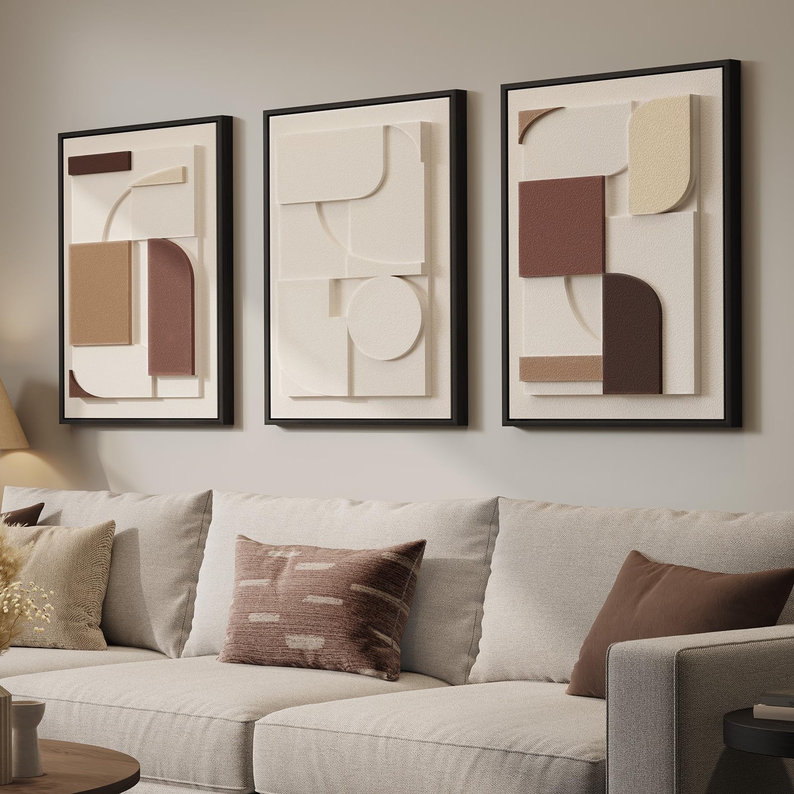 3D Textured Framed Neutral Wall Art, Brown Tan Beige Geometric Texture Artwork For Walls, 3 Piece Minimalist Modern Sandstone Ar