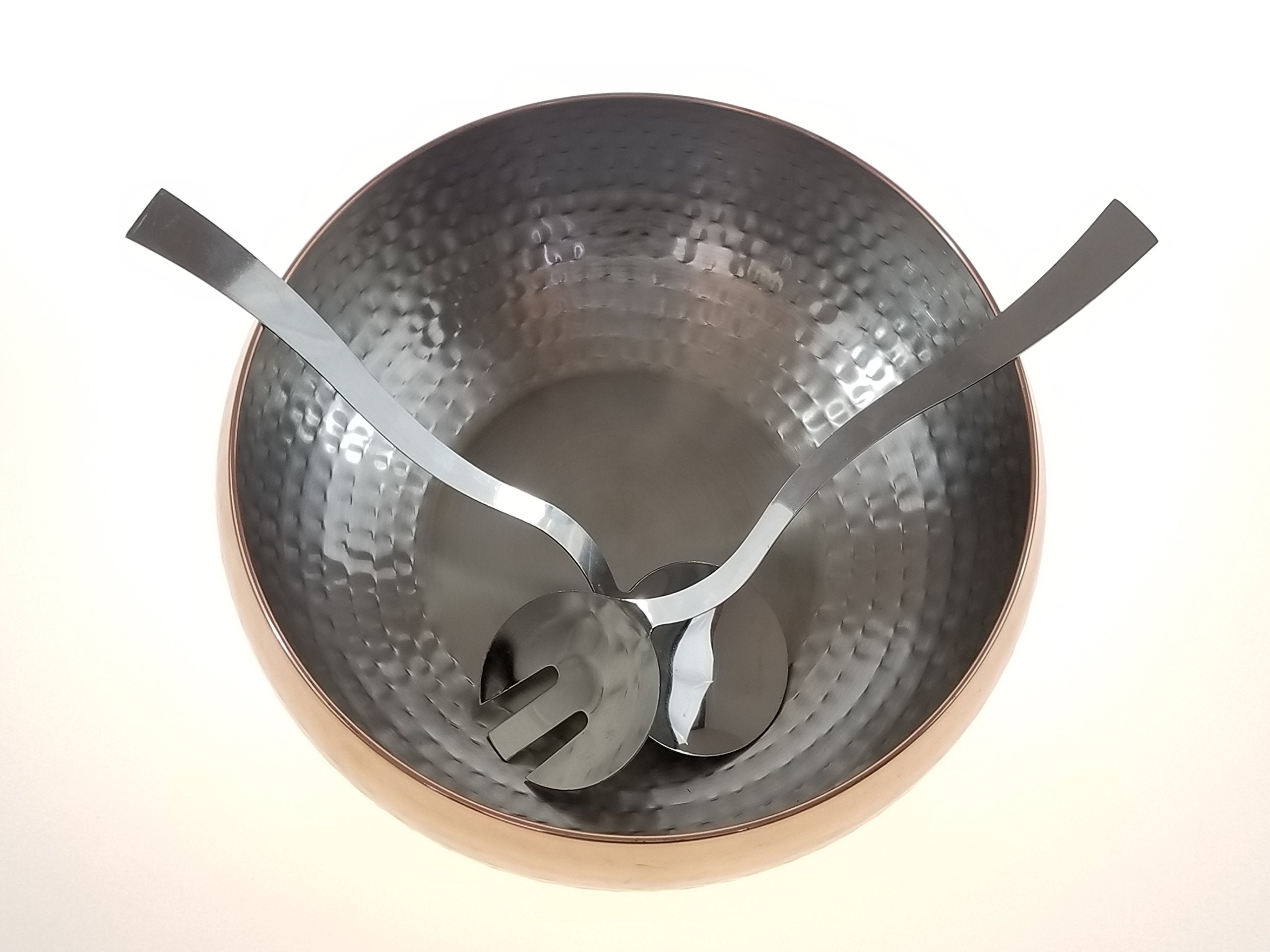 3Pc Copper Accented Hammered Salad Bowl With 2 Serving Utensils - Complete With Matching Oversized Spoon And Fork - Use As A Sal