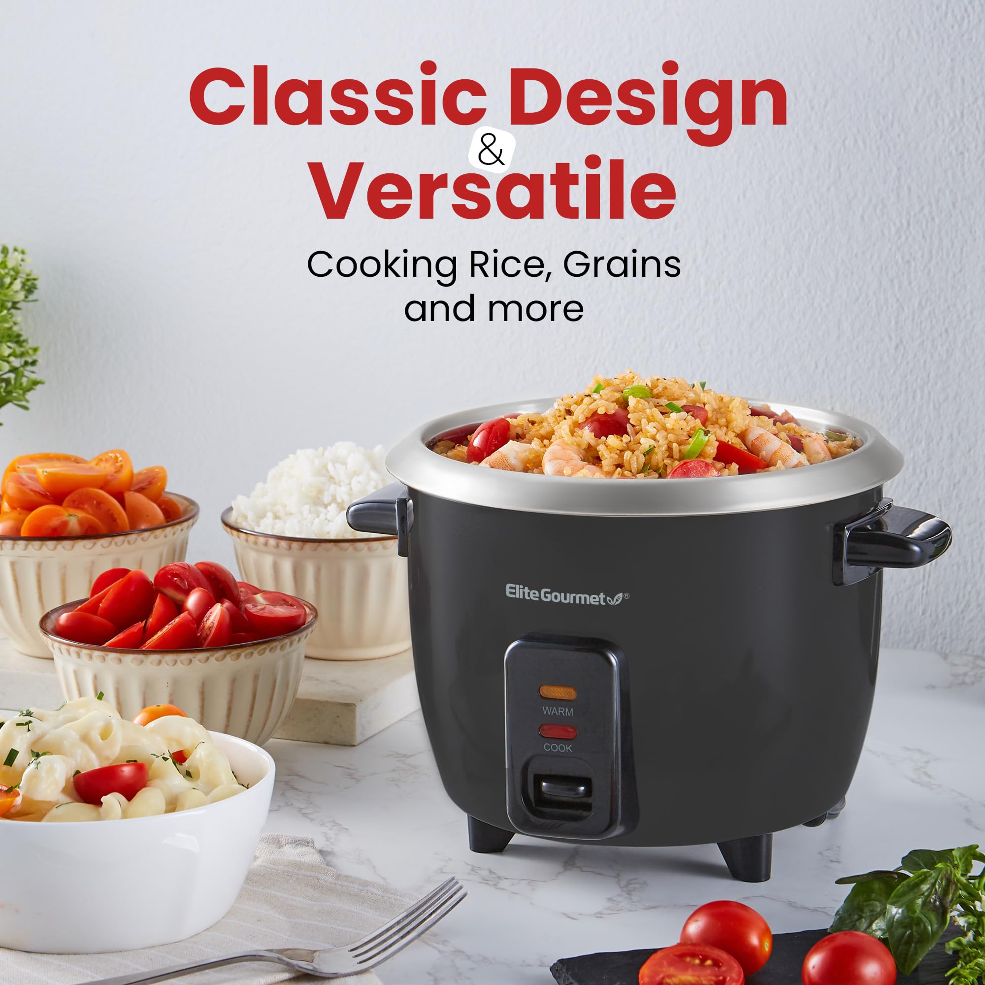 Elite Gourmet Erc003B Electric Rice Cooker With Automatic Keep Warm Makes Soups, Stews, Grains, Hot Cereals, 6 Cups Cooked (3 Cu