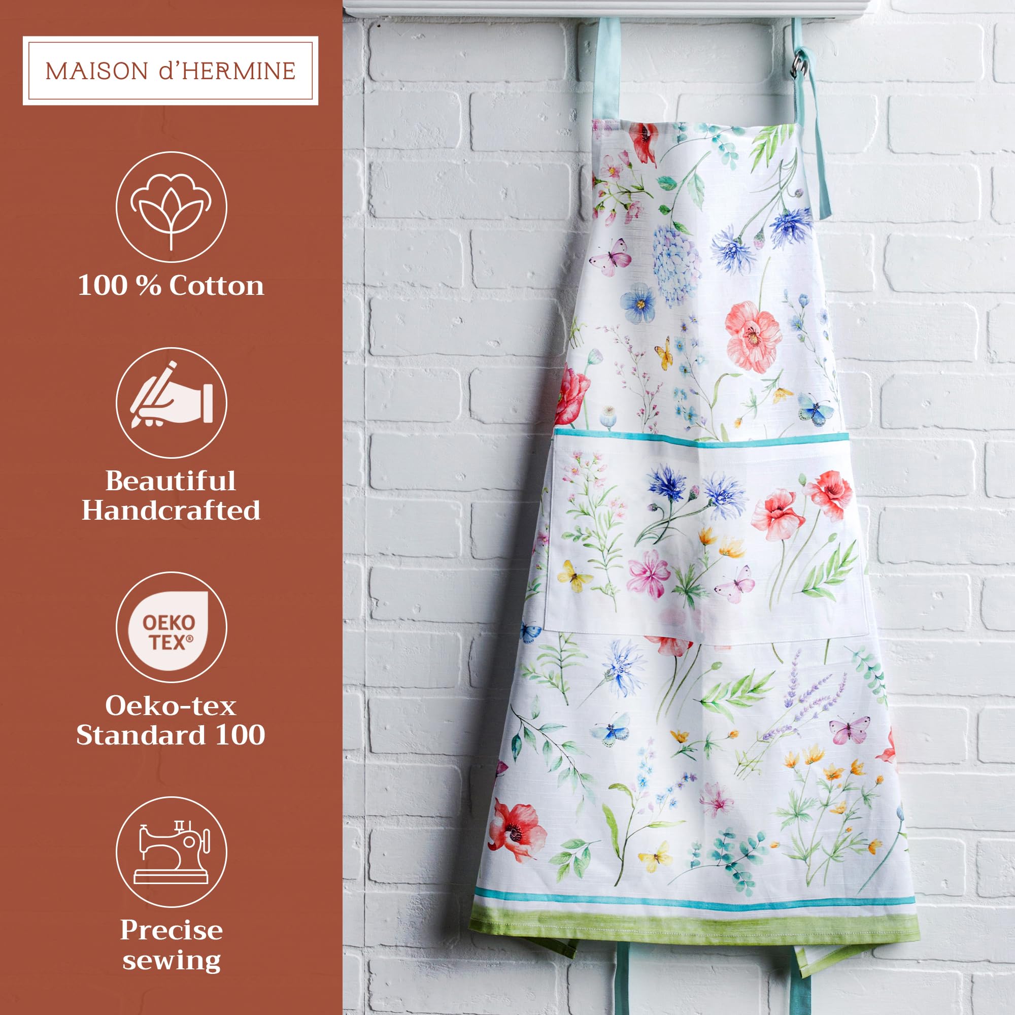 Maison d ' Hermine Apron 100% Cotton 1 Piece Adjustable Neck Strap Apron with Center Pocket & Long Ties for Gifts  Chef  Women & Men Parties  Just Floral - Spring/Summer (27.50 ''x31.50 '')