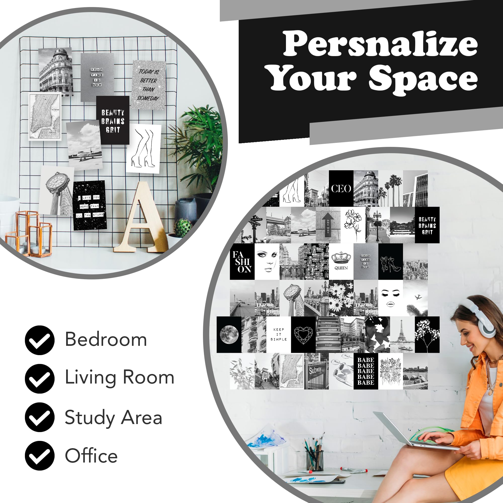 Artivo Black White Aesthetic Picture For Wall Collage 50 Set 4X6, City Chic Wall Decor For Teen Girls, Aesthetic Posters, Black