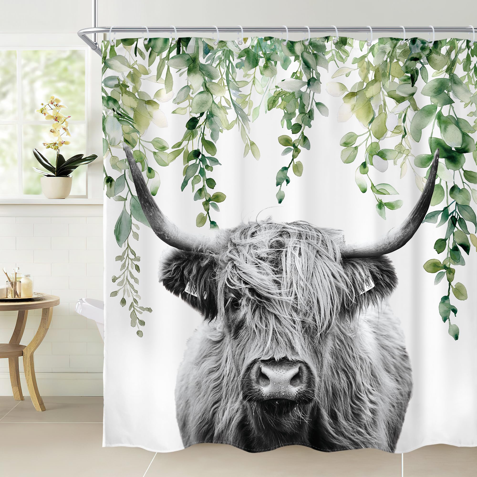 AMBZEK Highland Cow Shower Curtain 72Wx72L Inch Farmhouse Rustic Funny Bull Eucalyptus Leaves Plants Western Country Artwork Cloth Fabric Waterproof Polyester Bathroom Decor Set with 12 Pack Hooks