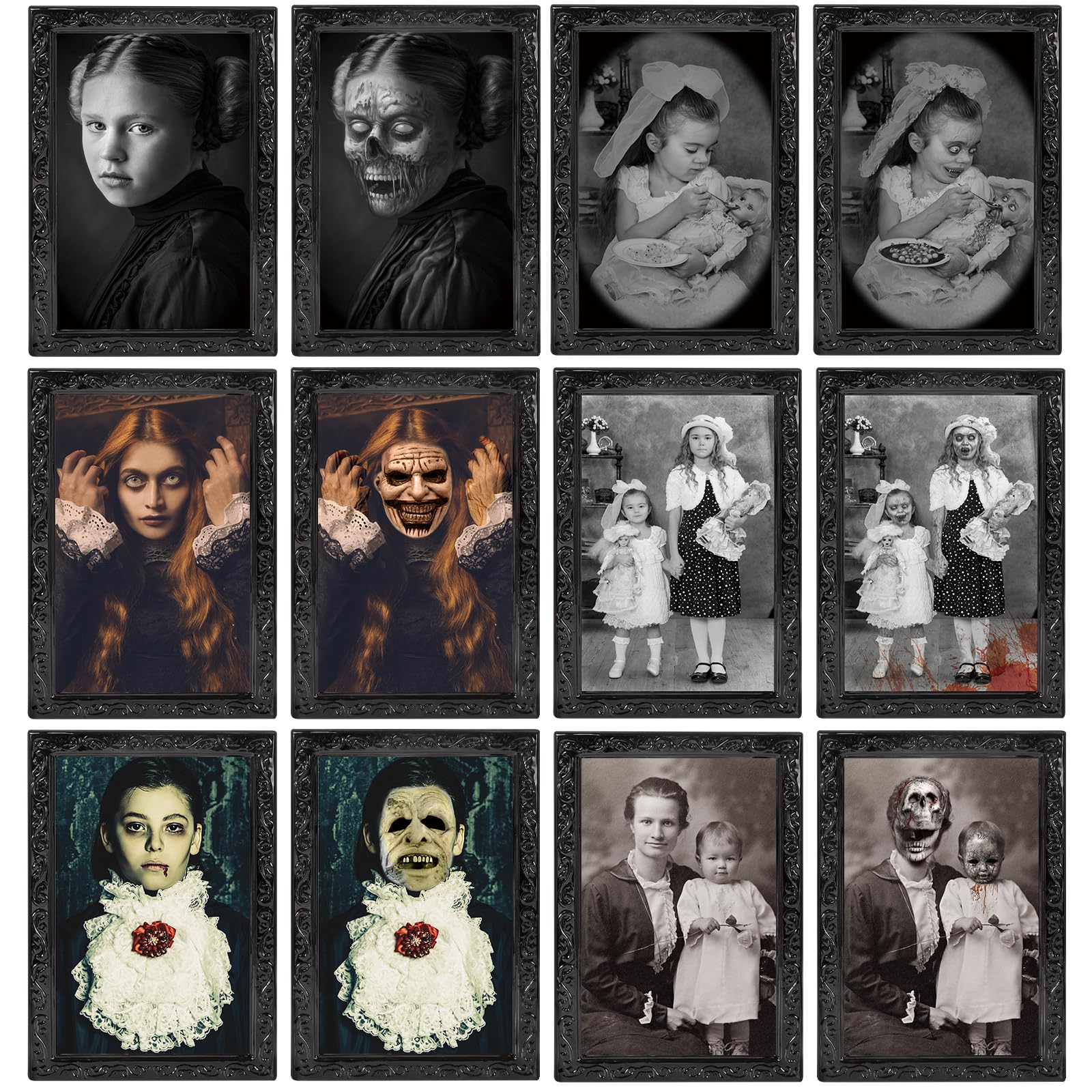 Scary Halloween Decorations Indoor Wall Decor, 6Pack 3D Changing Face Moving Picture Frames Portrait, Gothic Horror Poster Castl