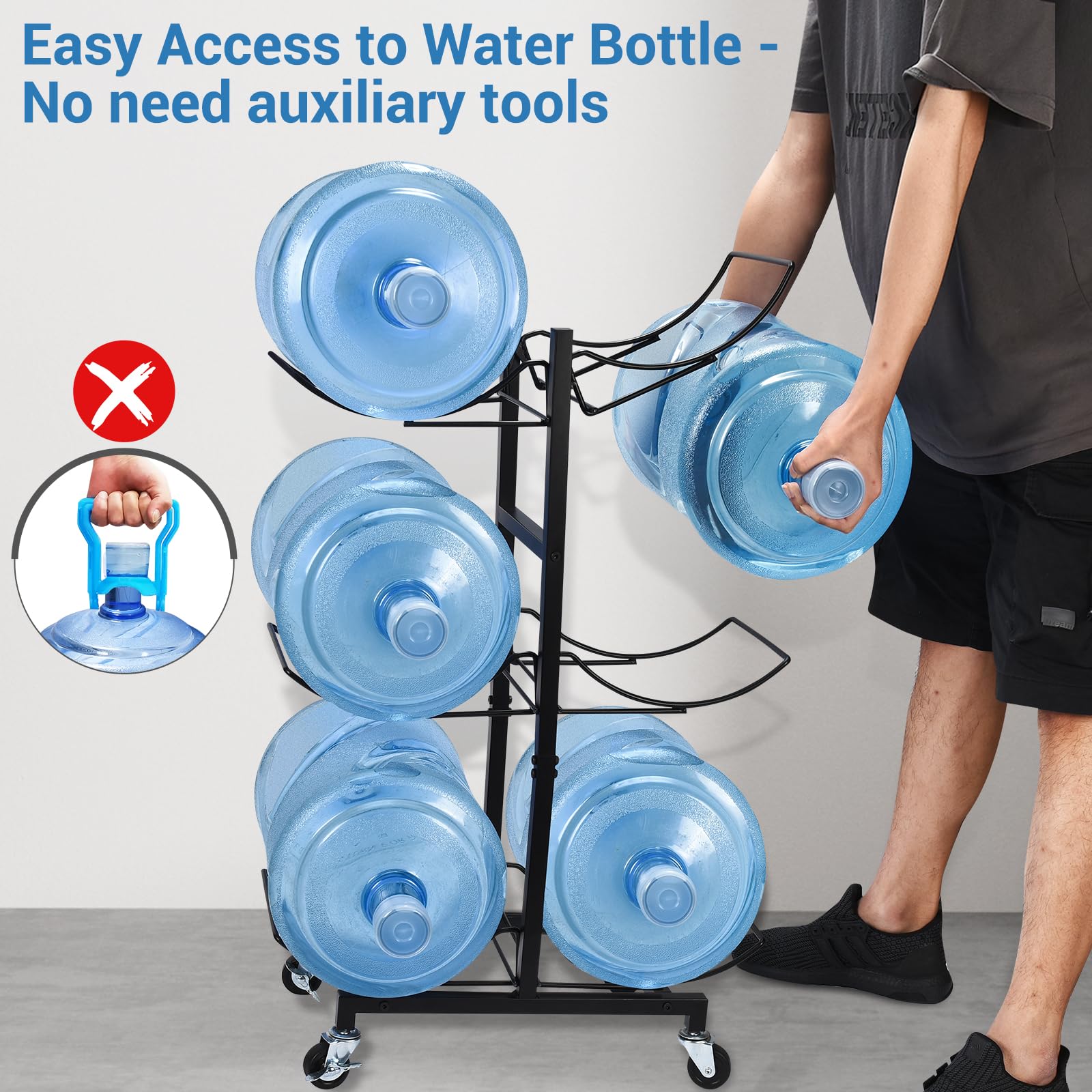 Carod 5 Gallon Water Bottle Holder With 4 Wheels, Heavy Duty Foldable Water Jug Stand 3-Tier Movable 5 Gallon Water Jug Holder W