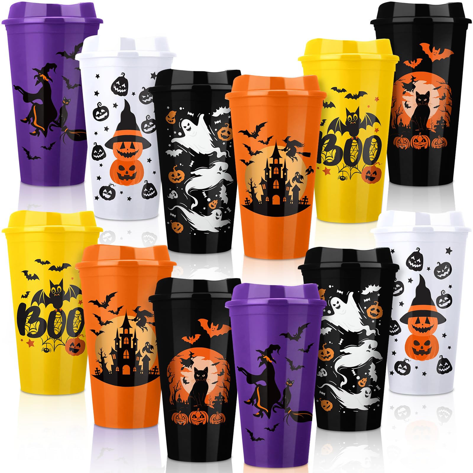 Pickmesh 12 Pack Halloween Reusable Coffee Cup Gift Bulk 16 oz Witch Bat Pumpkin Black Cat Horror Pattern Tumblers with Lid Plas