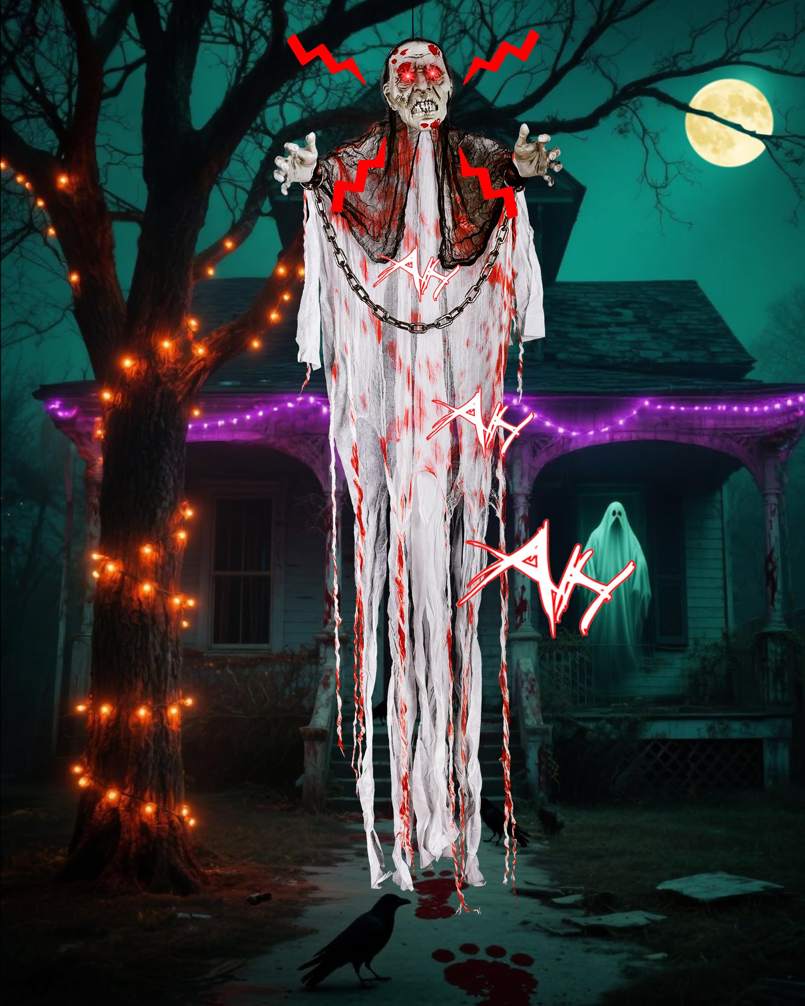 Joomer Animated Halloween Decorations, Life-Size Animatronic Hanging Ghost Scary, Faceless Grim Reaper Swing White Robe with Cre