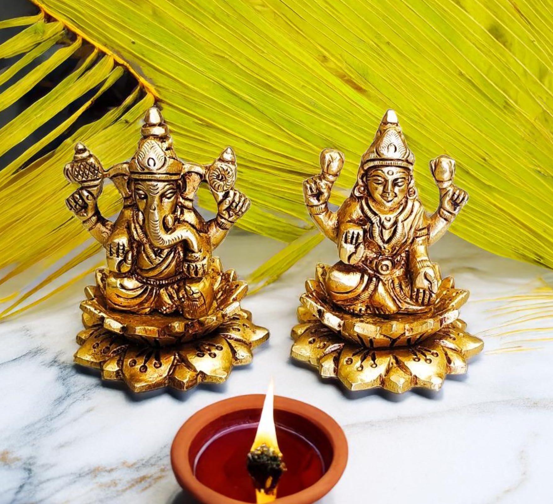 Sanskriti Decor Presents Brass Ganesha Laxmi Ganesh Lakshmi Bhagwan Idol Sitting On Lotus Ganpati Murti Statue For Home Office P
