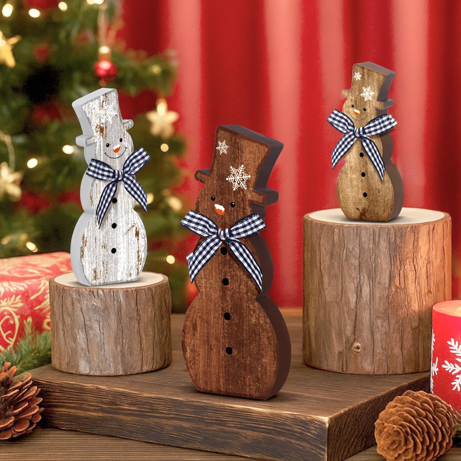 Chunful 3 Pcs Christmas Snowman Table Decoration Rustic Brown Winter Wooden Snowman Table Centerpiece Block Signs Figurine Farmh