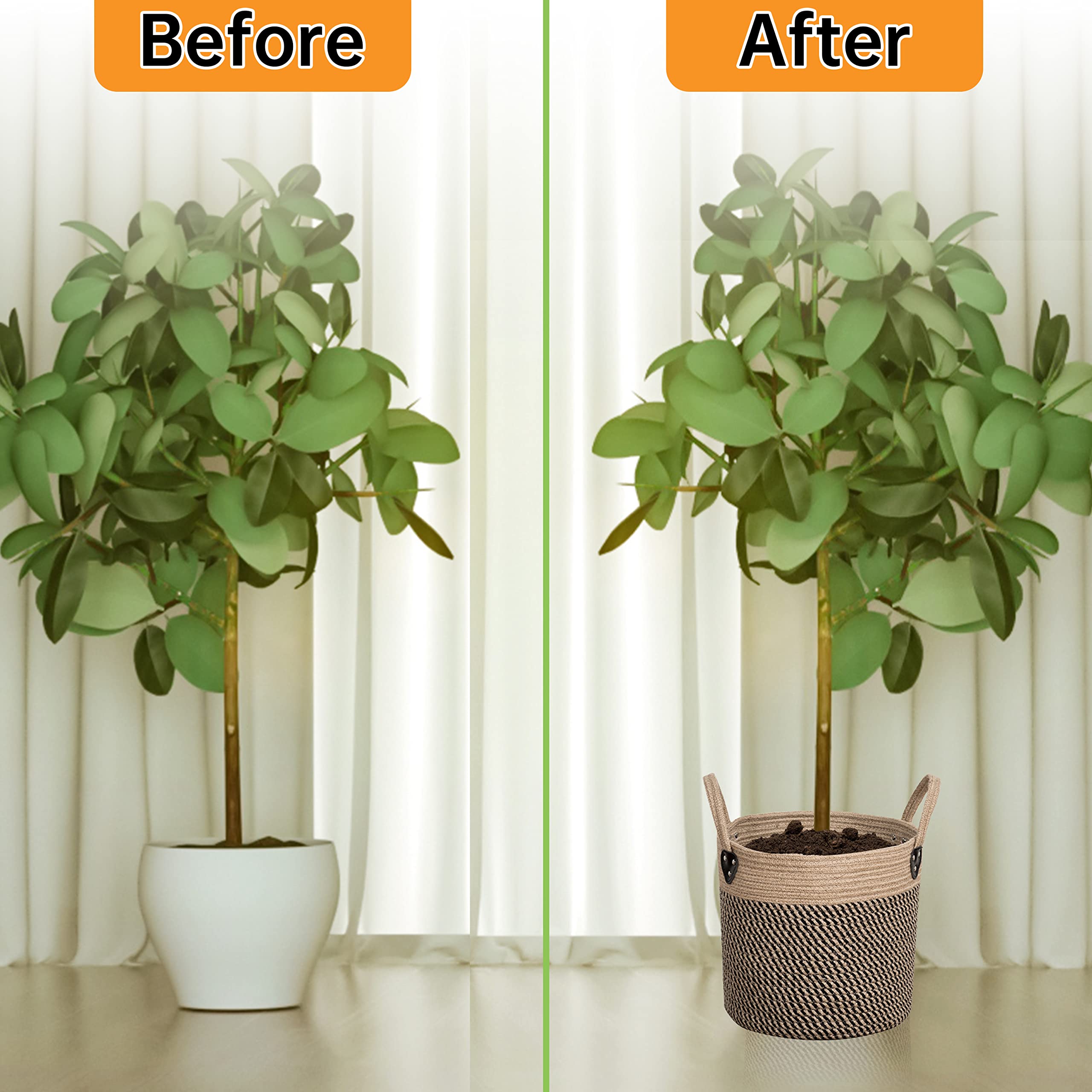 Zoes Homeware 14''X12'' Natural Jute Rope Woven Storage Basket With Handles For Plant, Blankets,Toys,Clothes,Shoes - Living Room