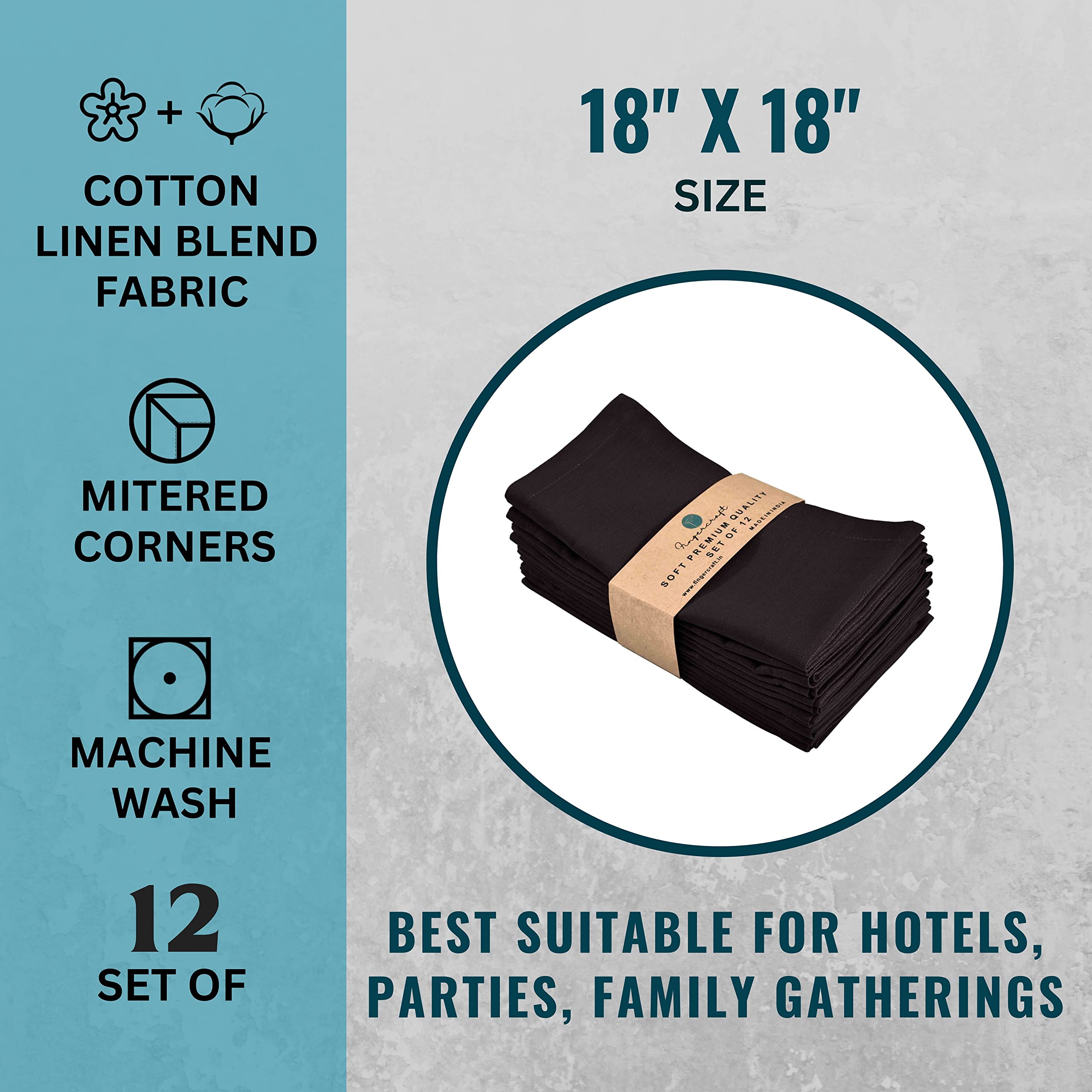 Fingercraft Dinner Cloth Napkins, Cotton Linen Blend Fabric 12 Pack Easter Special Black Premium Quality, Mitered Corners For Ev