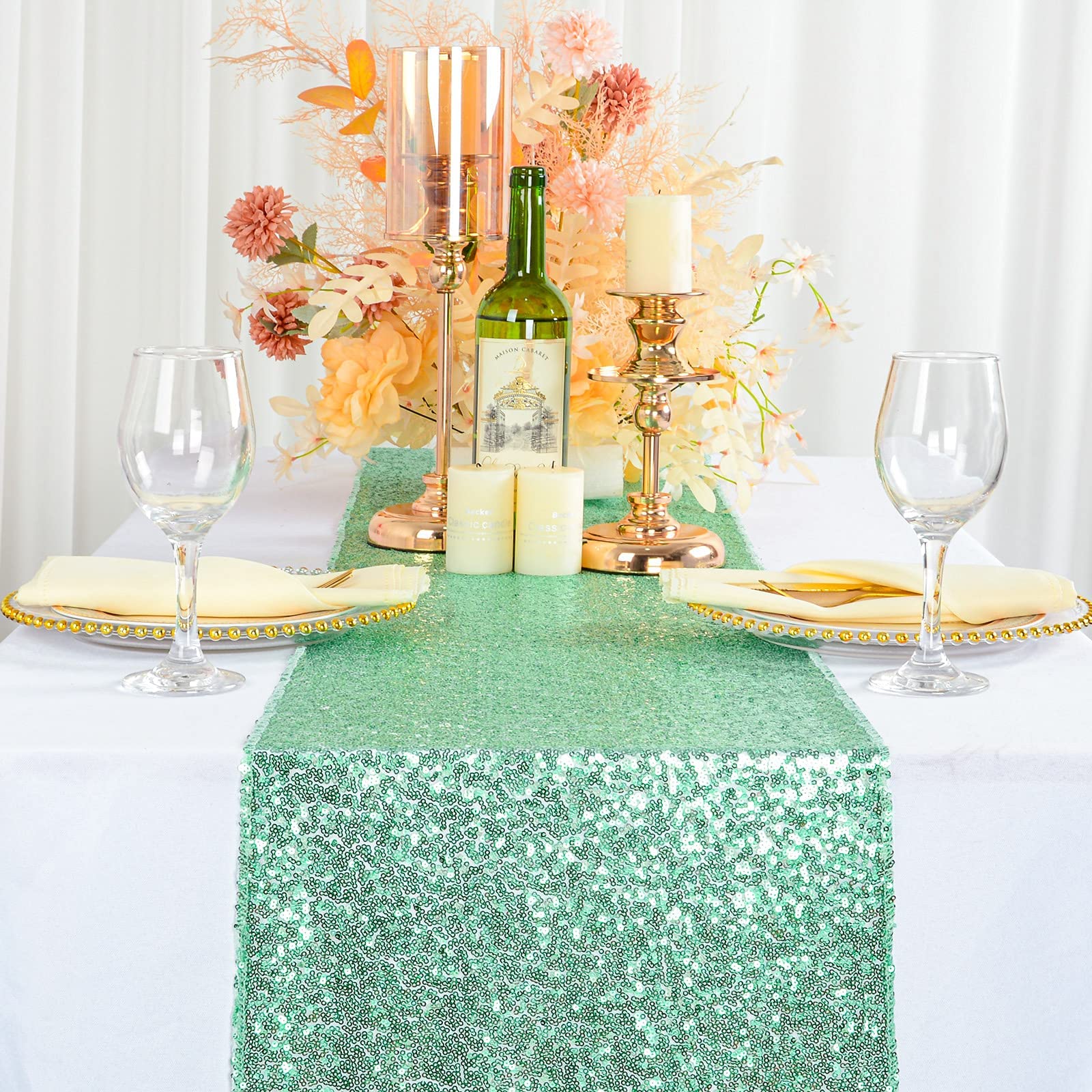 Shidianyi 12''*72'' Mint Green Sequin Table Runner Sparkly Metallic Sequin Runner For Wedding Party Dinner Reception Light Green