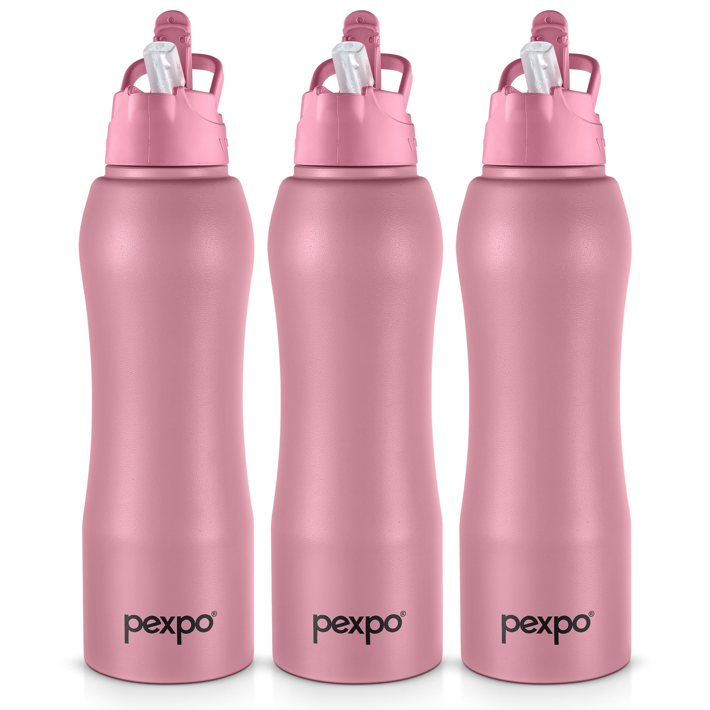 Pexpo Belly Pro Isi Certified Stainless Steel Water Bottle 1 Ltr (Pack Of 3), With Straw Lid Sipper Cap | Single Wall Fridge Bot