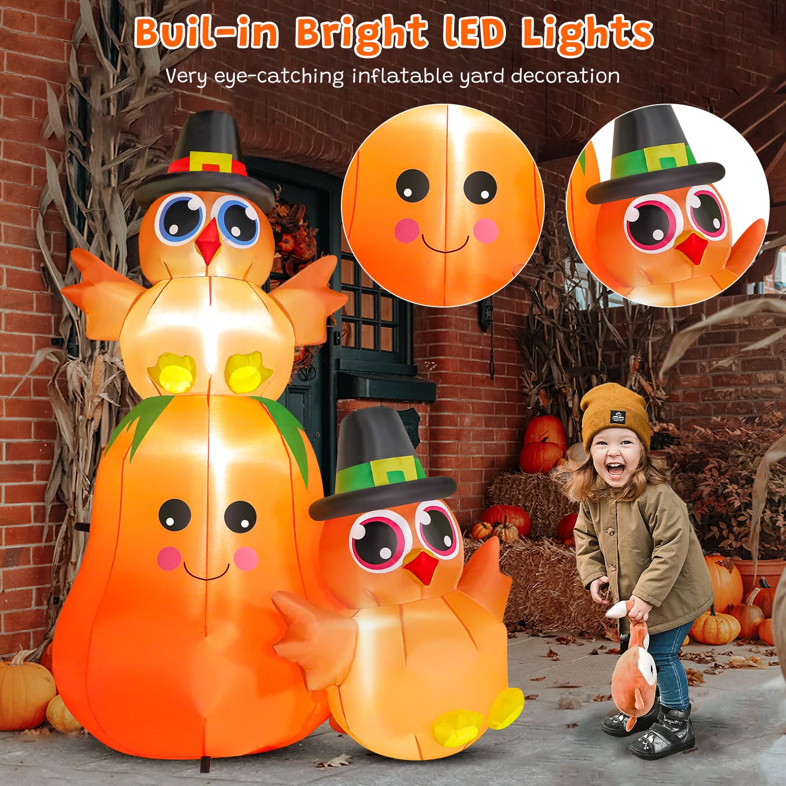FunFanso 5FT Thanksgiving Inflatable Turkey on Pumpkin Outdoor Decoration, Lovely Blow Up Turkey with Built-in LED Lights for Ga