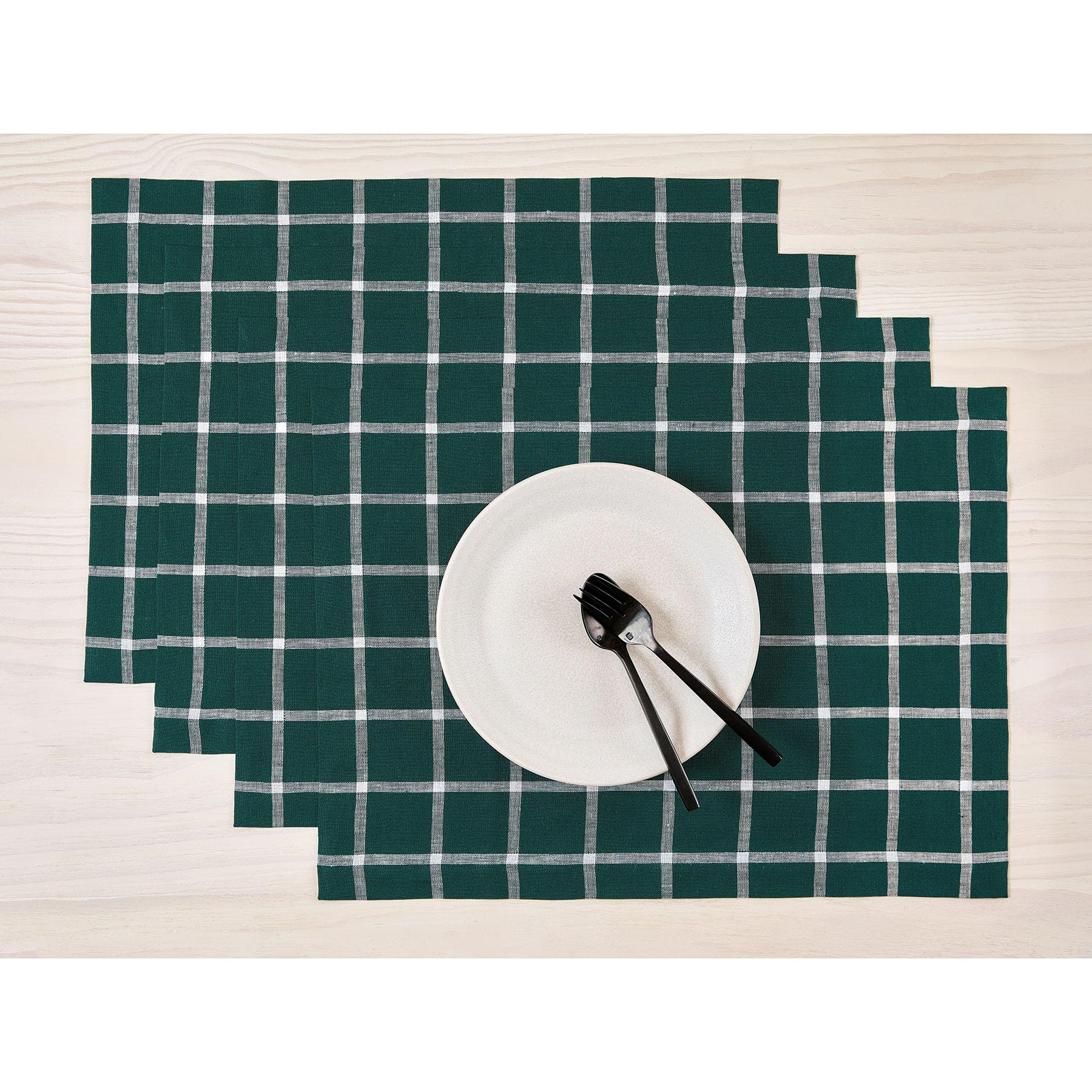 Solino Home Plaid Linen Placemats Set Of 4-100% Pure Linen Dark Green Check Placemats 19'' L X 14'' W Inch - Machine Washable Cl