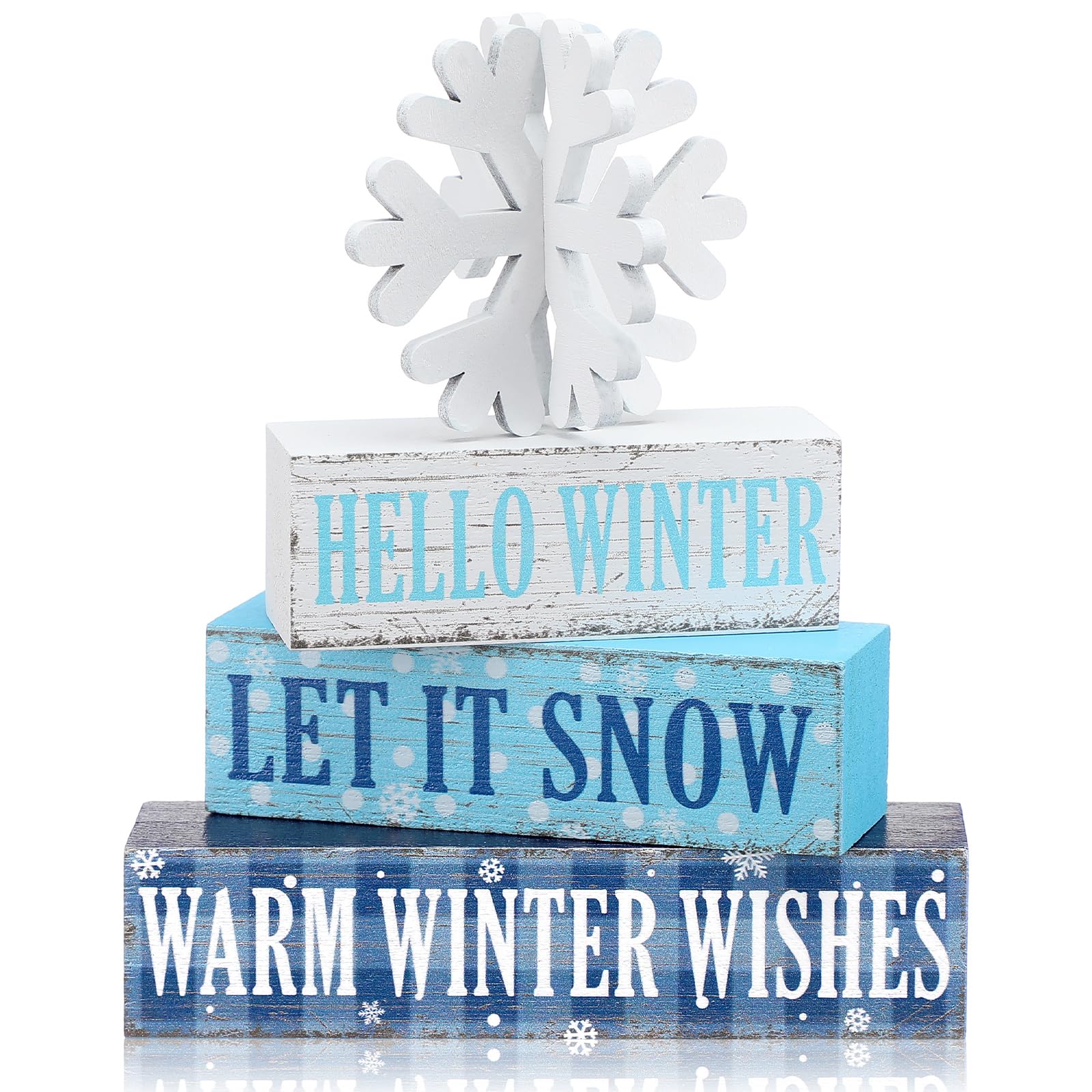 Geelin 4 Pieces Hello Winter Wooden Table Decorations Let It Snow Wooden Signs Rustic Snowflake Tiered Tray Decor Winter Wishes 