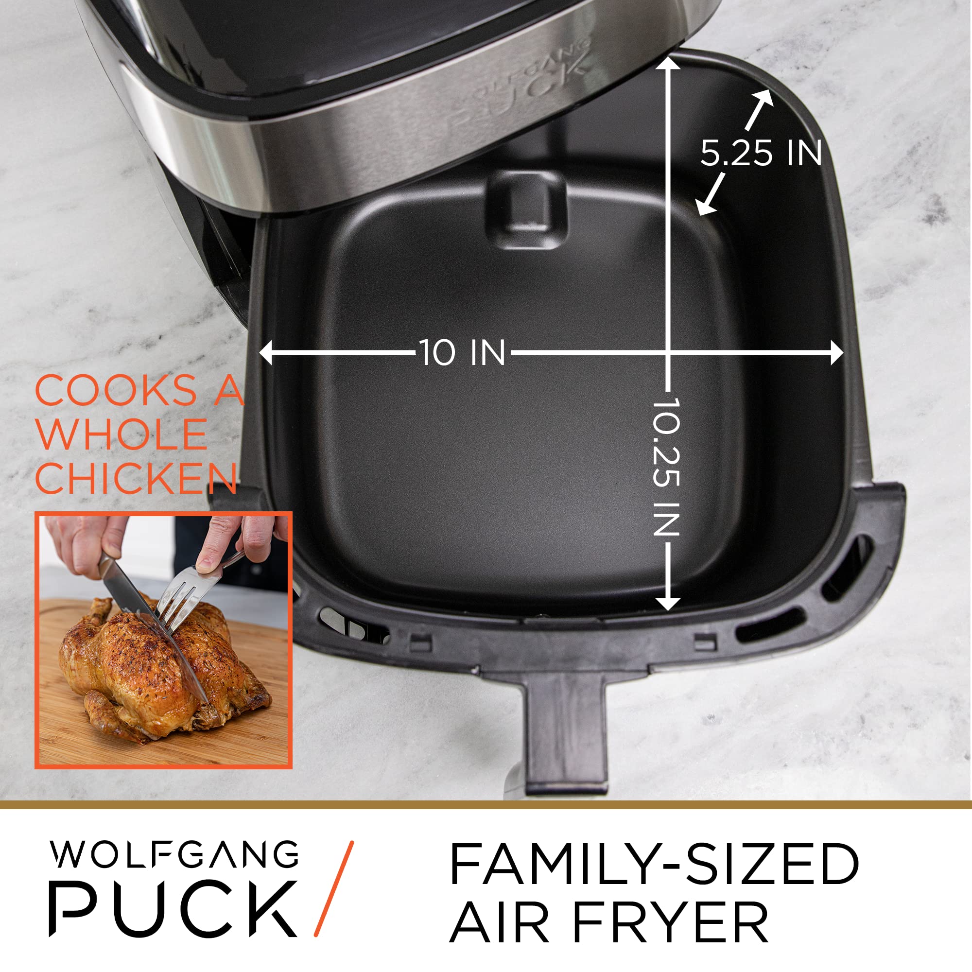 Wolfgang Puck 9.7Qt Stainless Steel Air Fryer, Large Single Basket Design, Simple Dial Controls, Nonstick Interior, Includes Coo
