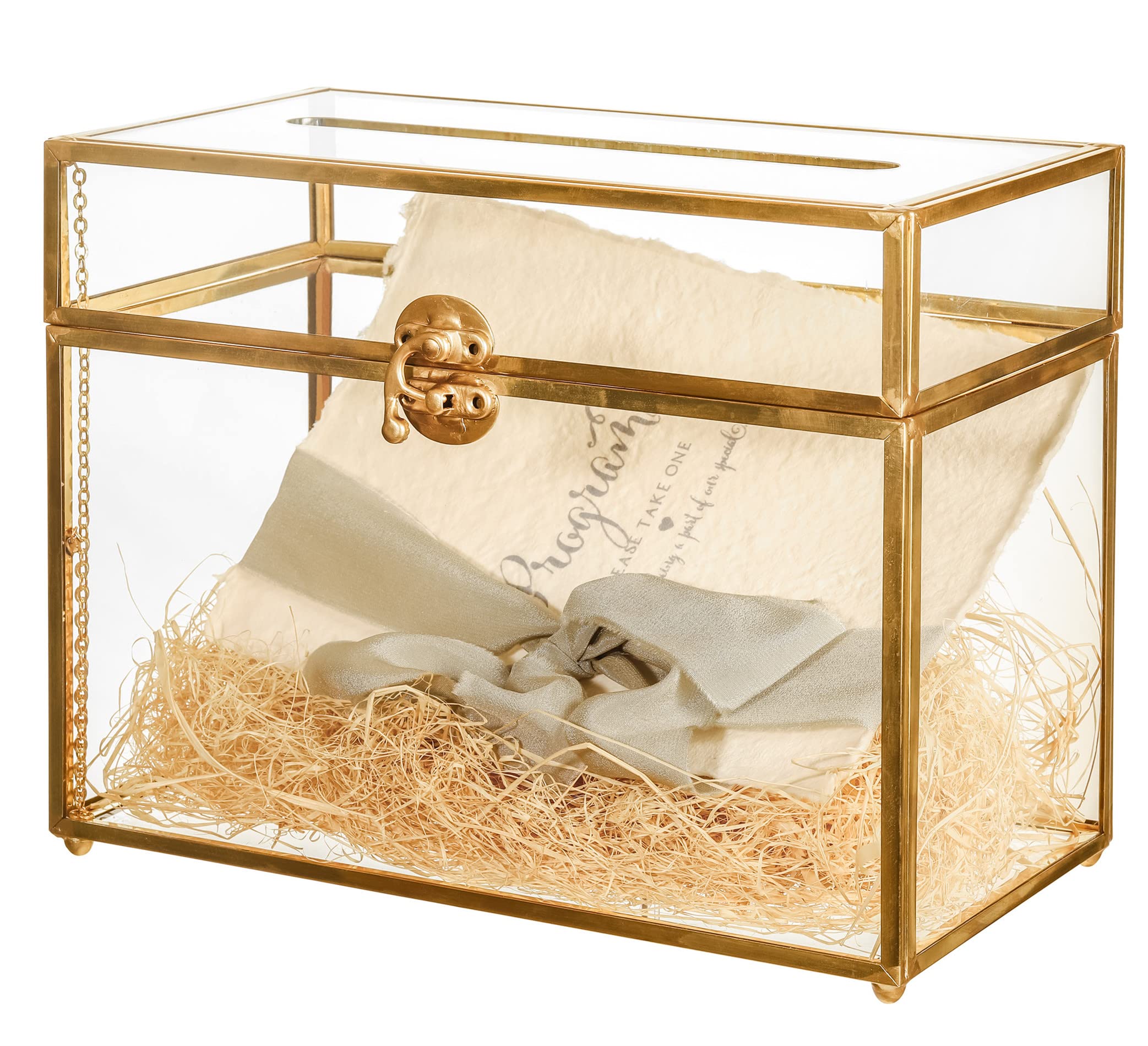 NCYP Small 9.8 x 5.6 x 7.7 Inch Wedding Glass Cards Box with Slot - Gold Envelope Card Holder for Birthday Party Reception, Home