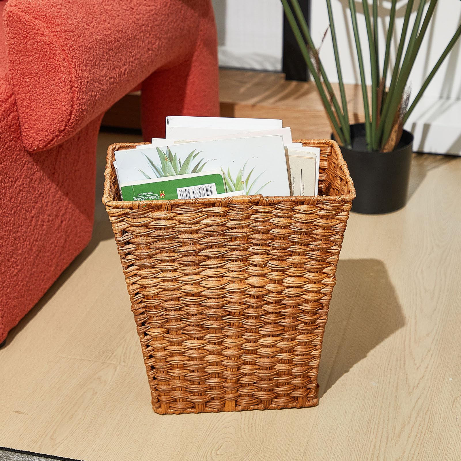 Dandat 2 Pieces Small Woven Basket Trash Can Bathroom Waste Baskets Decorative Rectangular Trash Basket Bin Plastic Woven Garbag