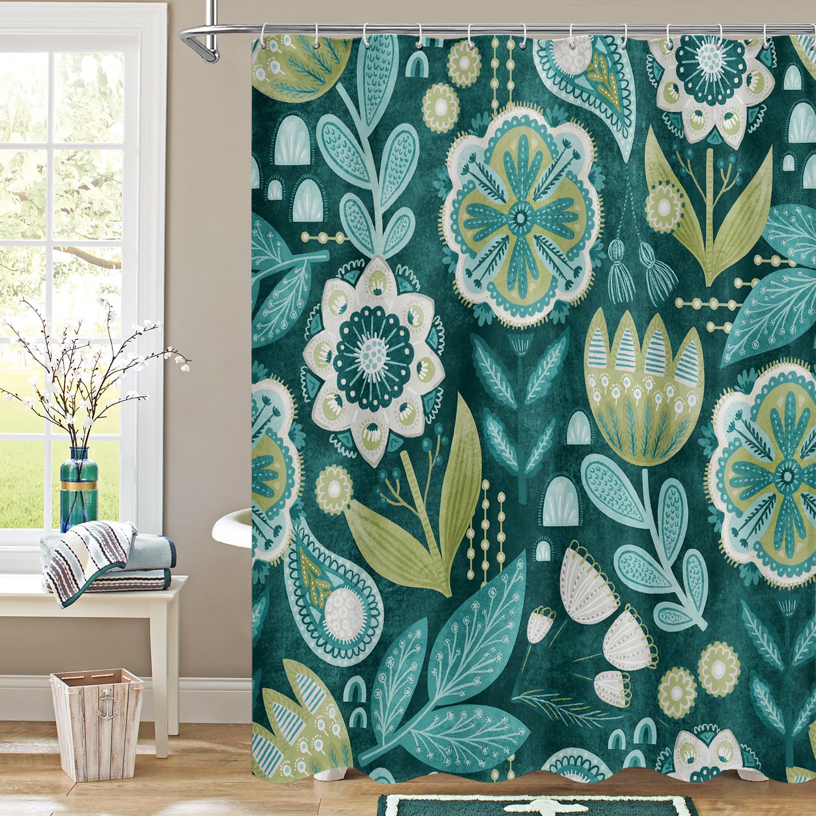 Mitovilla Extra Long Boho Floral Shower Curtain 72 X 84, Spring Leaves Shower Curtain, Xl Chic Shower Curtains For Vintage Bathr