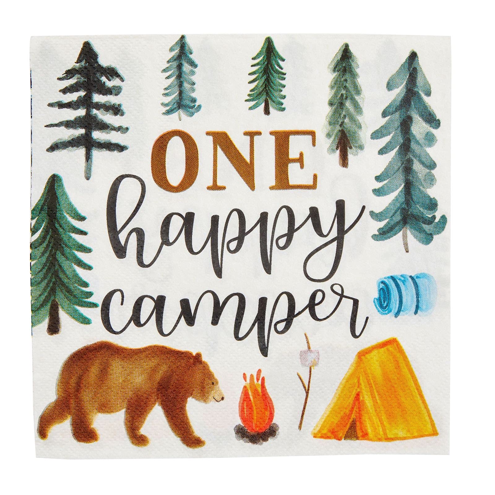 Blue Panda Camping Napkins For 1St Birthday Party Supplies, One Happy Camper (6.5 In, 100 Pack)