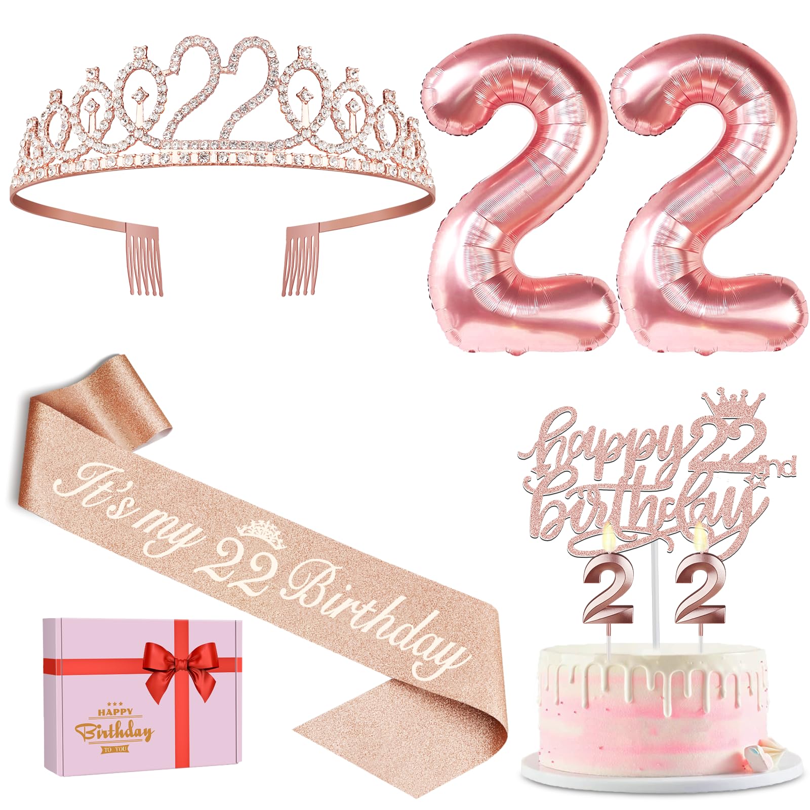 22Nd Birthday Gifts For Women, Include 22Nd Birthday Sash And Tiara, Birthday Cake Topper And Number 22 Candles, Big 22 Balloons