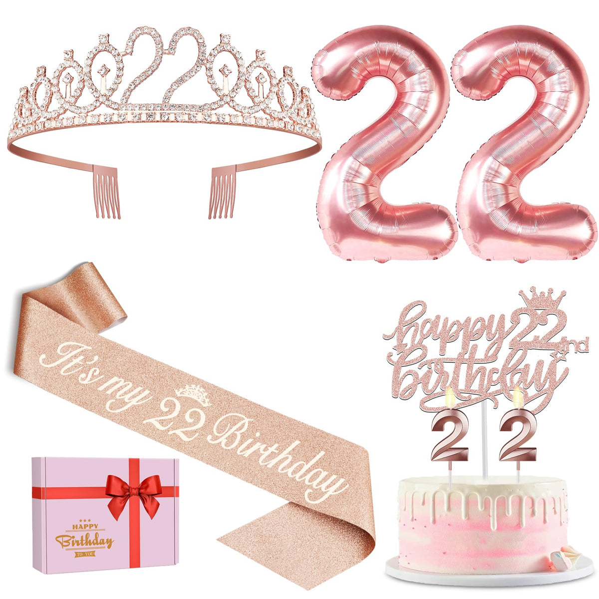 22Nd Birthday Gifts For Women, Include 22Nd Birthday Sash And Tiara, Birthday Cake Topper And Number 22 Candles, Big 22 Balloons