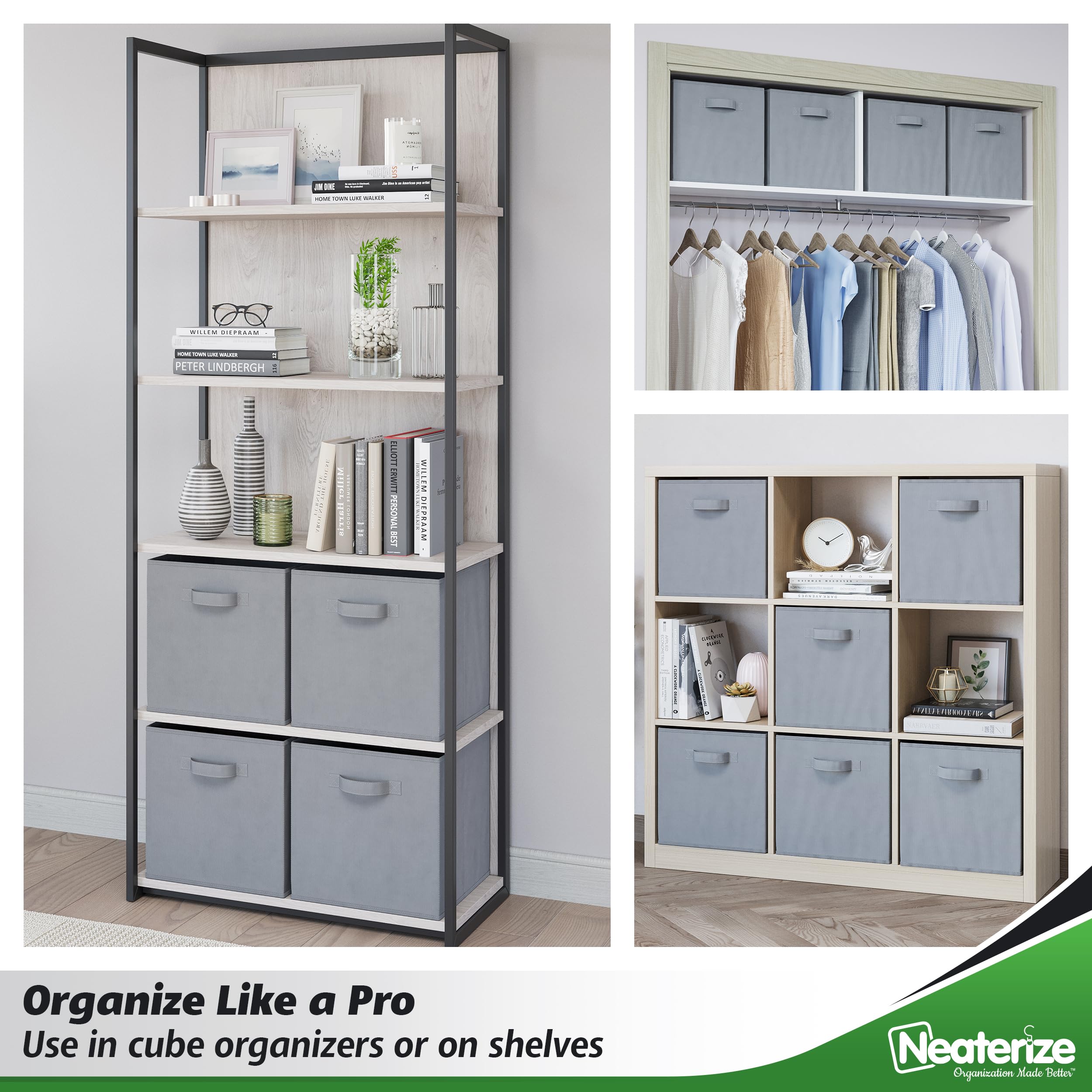 Neaterize Fabric Storage Cubes For Cube Organizer - 8 Pack Heavy Duty Grey Storage Bins - 13 Inch Cube Storage Bin, Use As A Clo