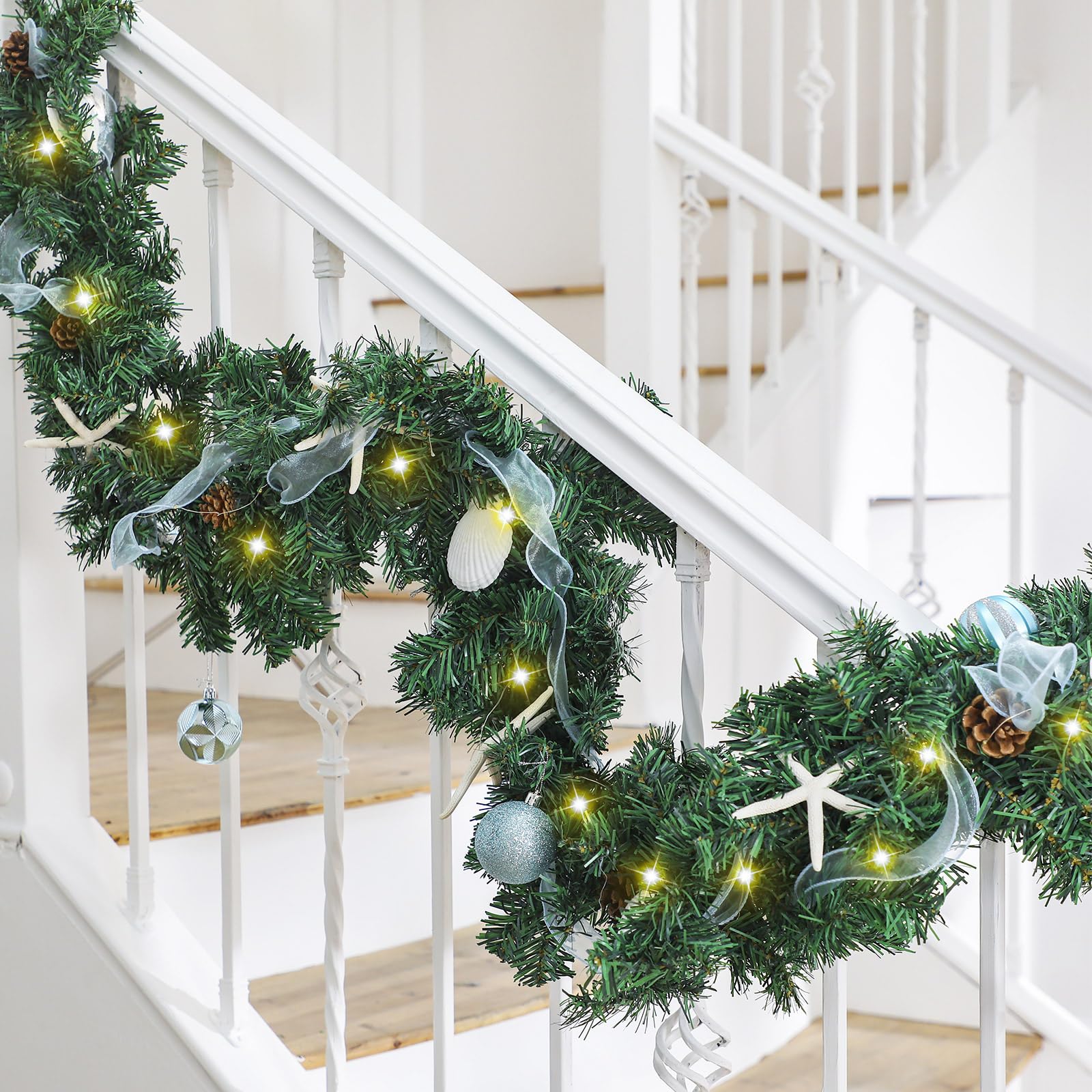 Soulchen 6 ft Pre-lit Christmas Coastal Garland Seaside Beach Themed Garland with Scallop Shells, Starfish Ornaments for Xmas Ho