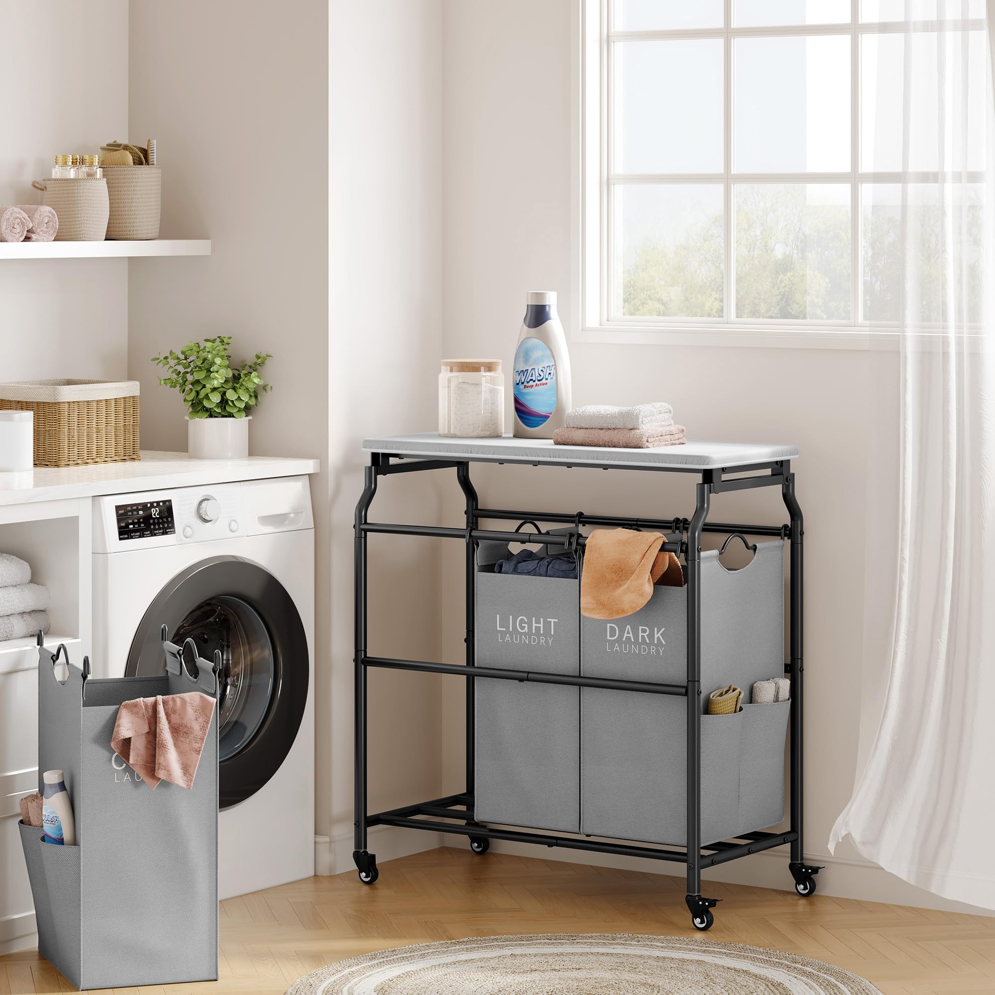 Hoctieon 3 Section Laundry Sorter Cart With Ironing Board, Laundry Hamper With Shelf And Rolling Wheels, Heavy Duty Laundry Bask