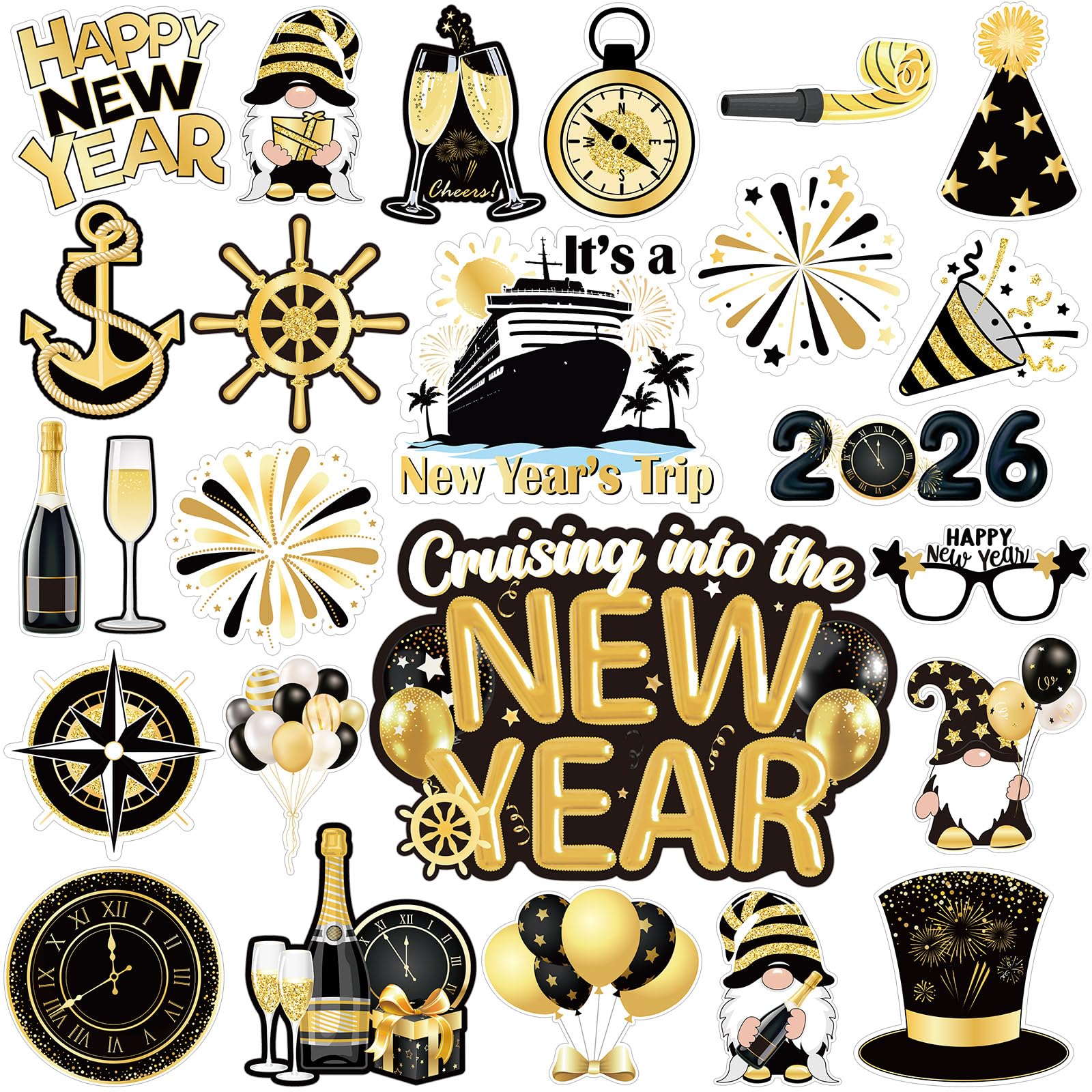 Xuhal 23 Pcs New Year Cruise Door Magnet Gold Black New Year Refrigerator Magnets Gnome Balloon Fridge Magnetic Stickers Garage 