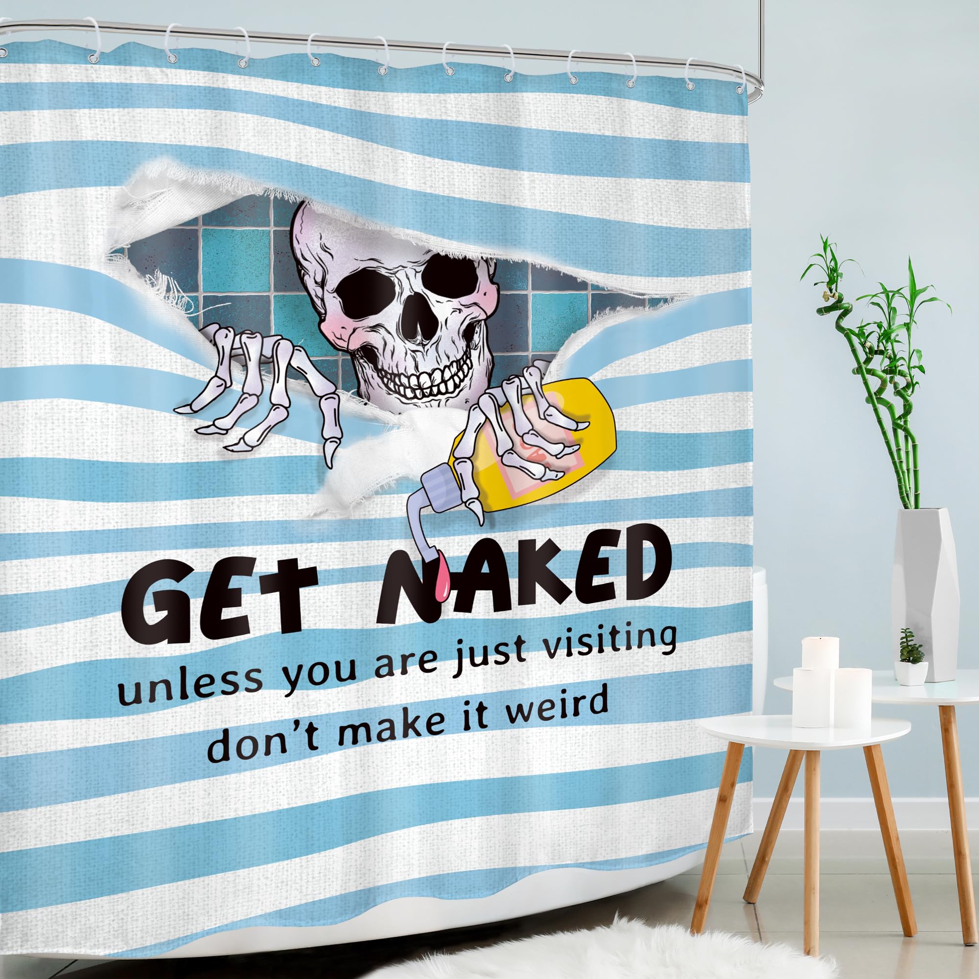 Mitpok Funny Skull Skeleton Shower Curtain Gothic Cool Get Naked Spooky Fun Bone Unique Hilarious Blue Scary Horror Men Kids 60W