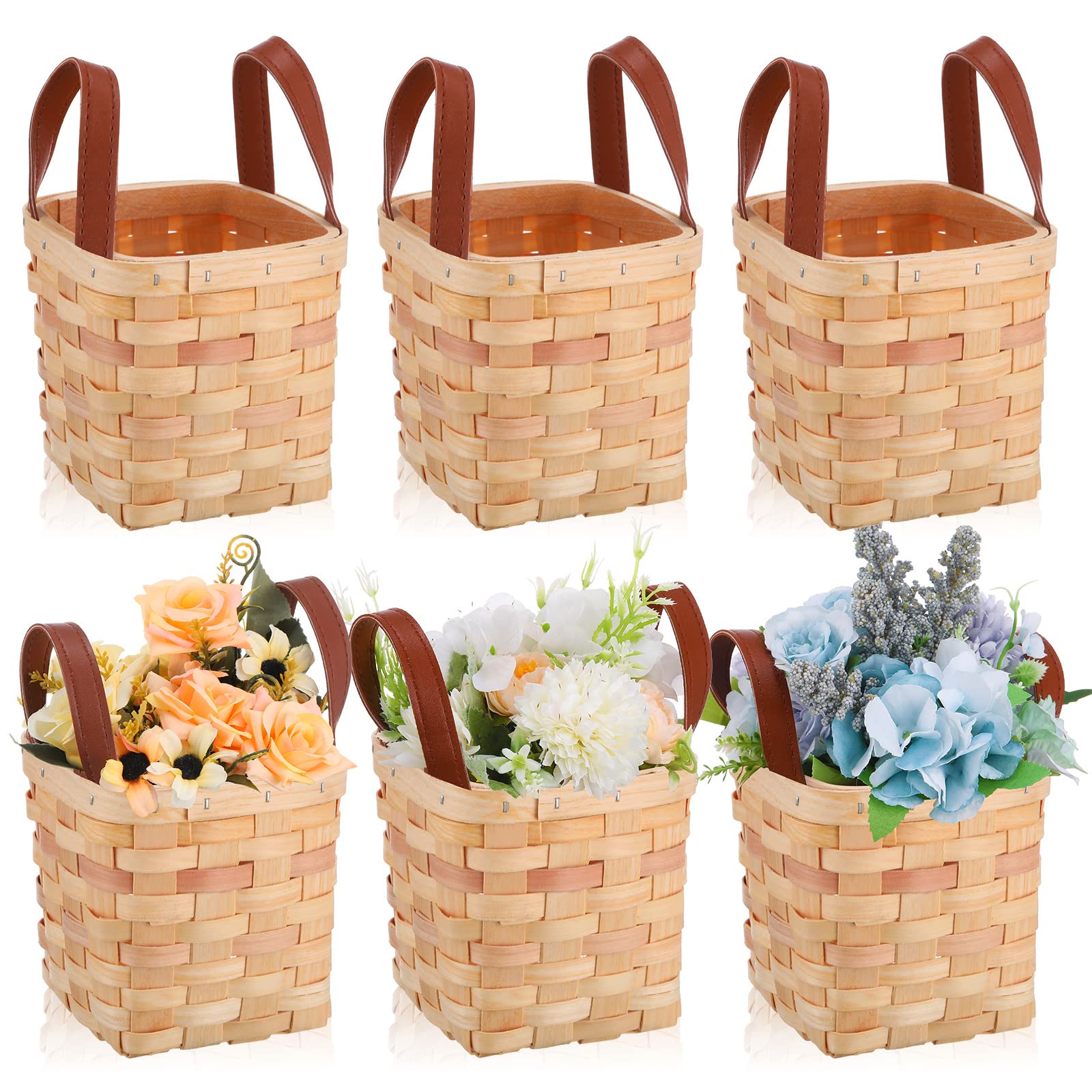 Rtteri 6 Pcs 4.5X4.5X4 In Small Wicker Baskets Woodchip Baskets With Handles Wood Woven Easter Empty Wicker Baskets For Gifts Sm