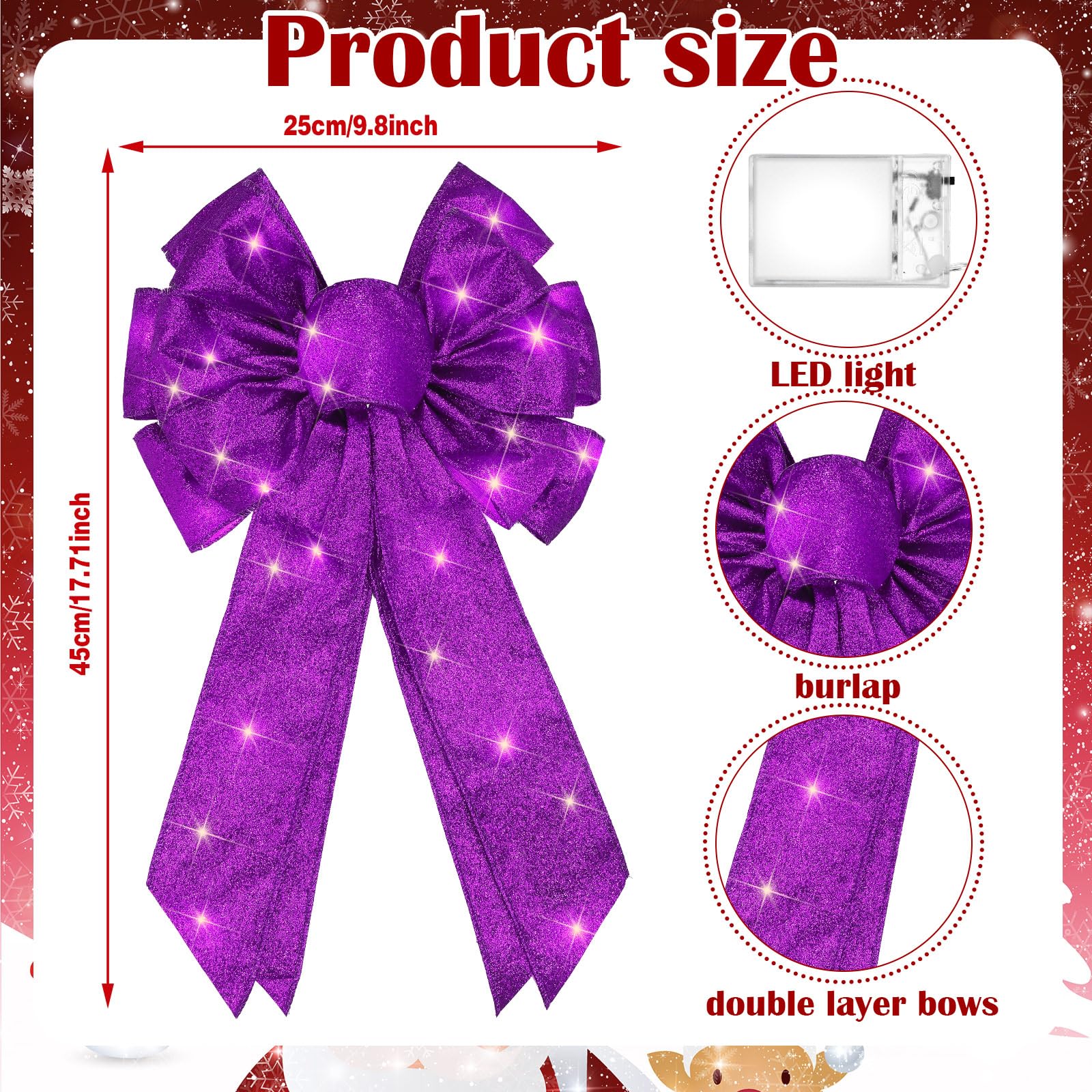 Giegxin 2 Pcs Large Purple Lighted Christmas Bows with Lights for Wreath and Tree Topper, 18x10 Inch Pre Lit Purple Wreath Bow L