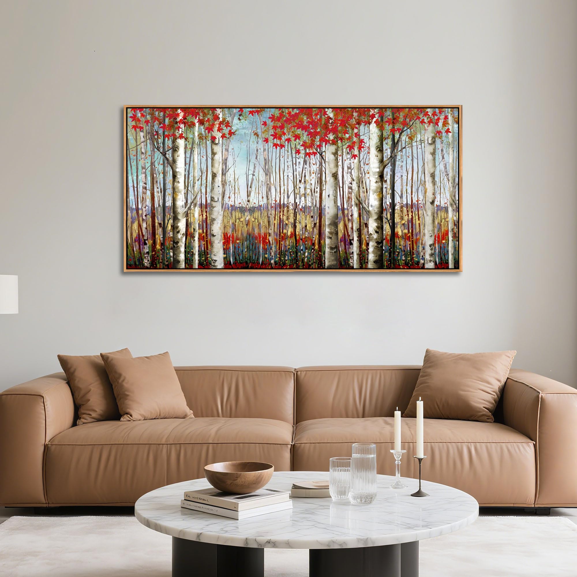 Large Framed Wall Art For Living Room Bedroom Modern Wall Decor Of Red Leaves White Birch Tree Painting Artwork Wall Decoration
