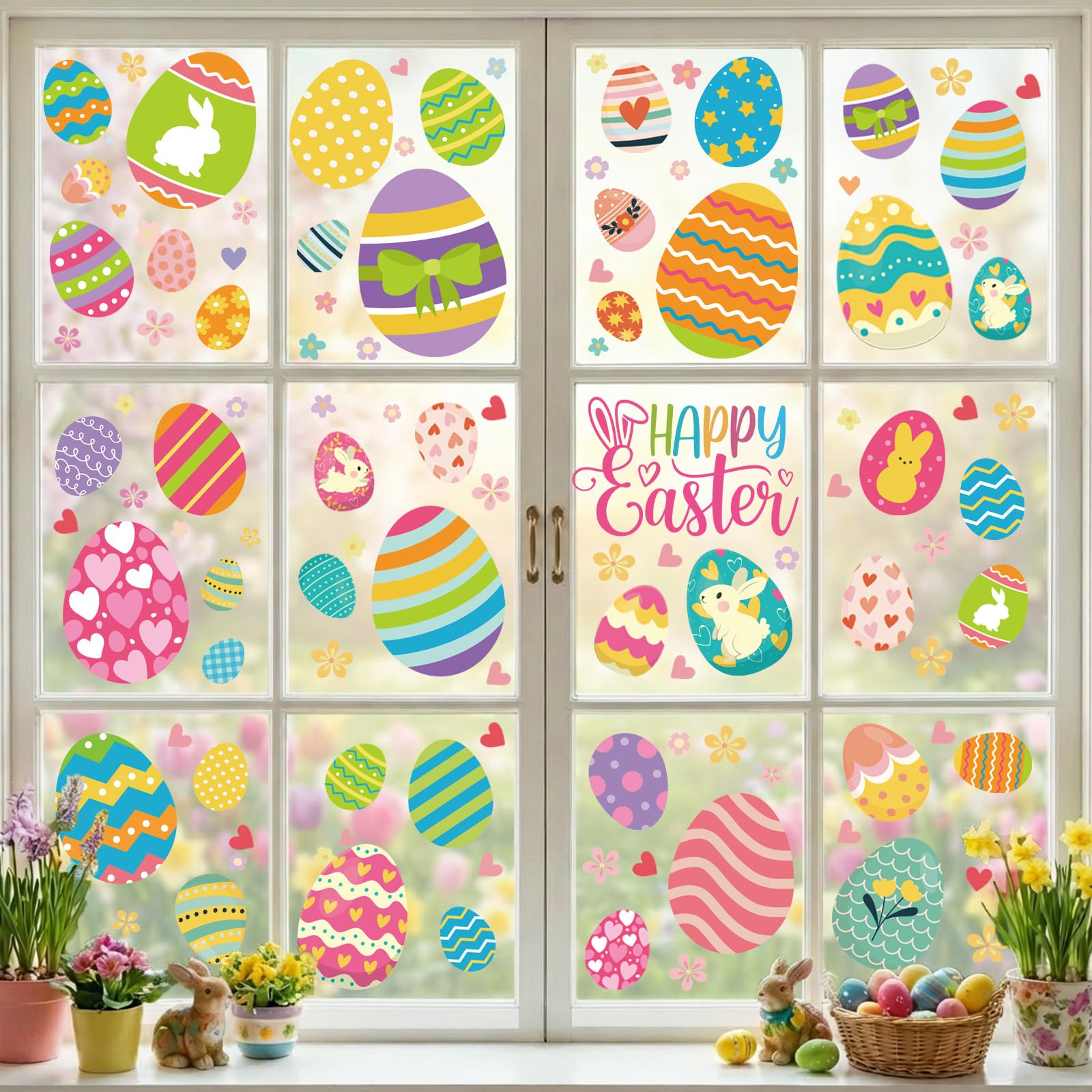 9 Sheets Easter Window Clings Decorations, Happy Easter Eggs Window Stickers for Home, Office, School, Bunny Rabbit Spring Decal