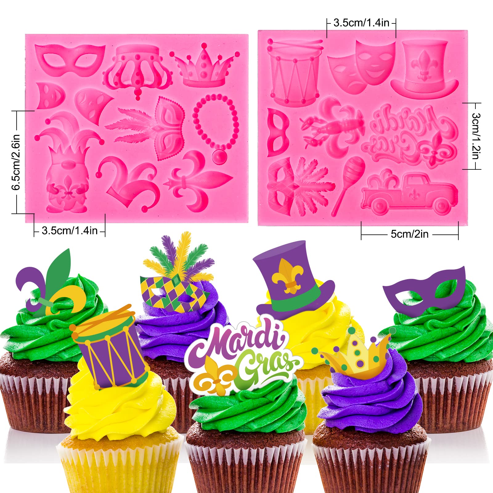 Whaline 2Pcs Mardi Gras Fondant Molds Masquerade Mask Fleur-De-Lis Crown Feather Mask Pattern 3D Silicone Mould Carnival Cupcake