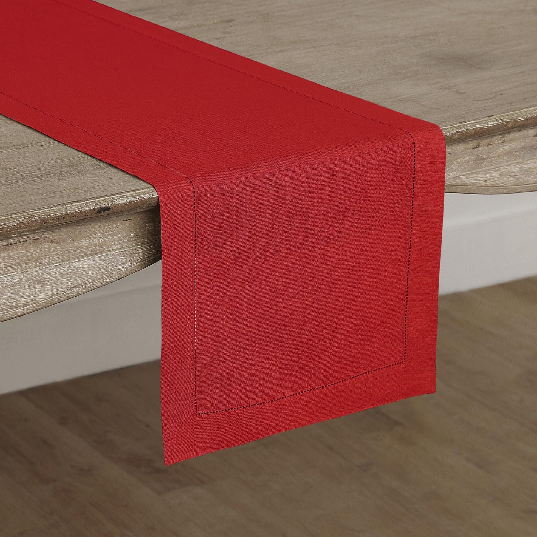 Solino Home Red Linen Table Runner 72 Inches Long - 100% Pure Linen Classic Hemstitch Christmas Table Runner 14 X 72 Inch - Mach