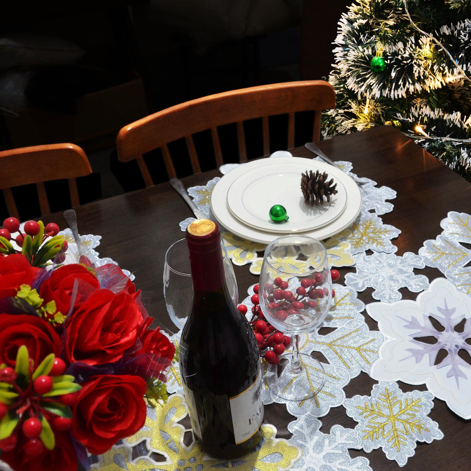 Grelucgo Machine Embroidered And Hand Cut Silver And Gold Winter Snowflakes Table Runner For Christmas Holiday (14 X 69 Inches)