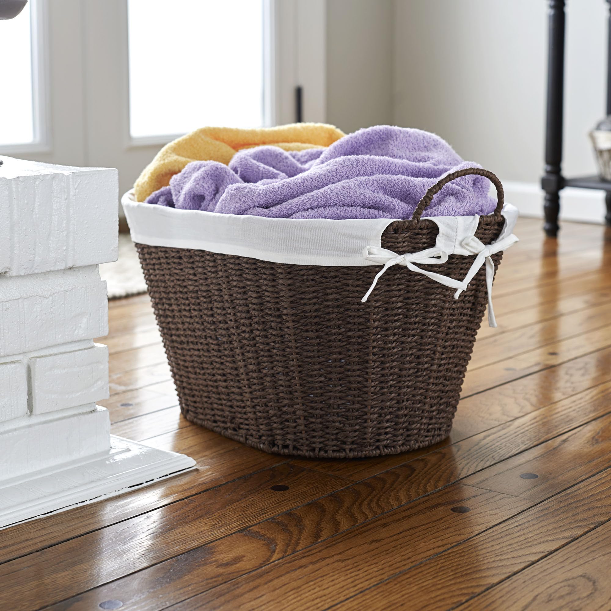Household Essentials Ml-7067 Paper Rope Wicker Laundry Basket With Handles | Comes With Removable Liner | Dark Brown Stain