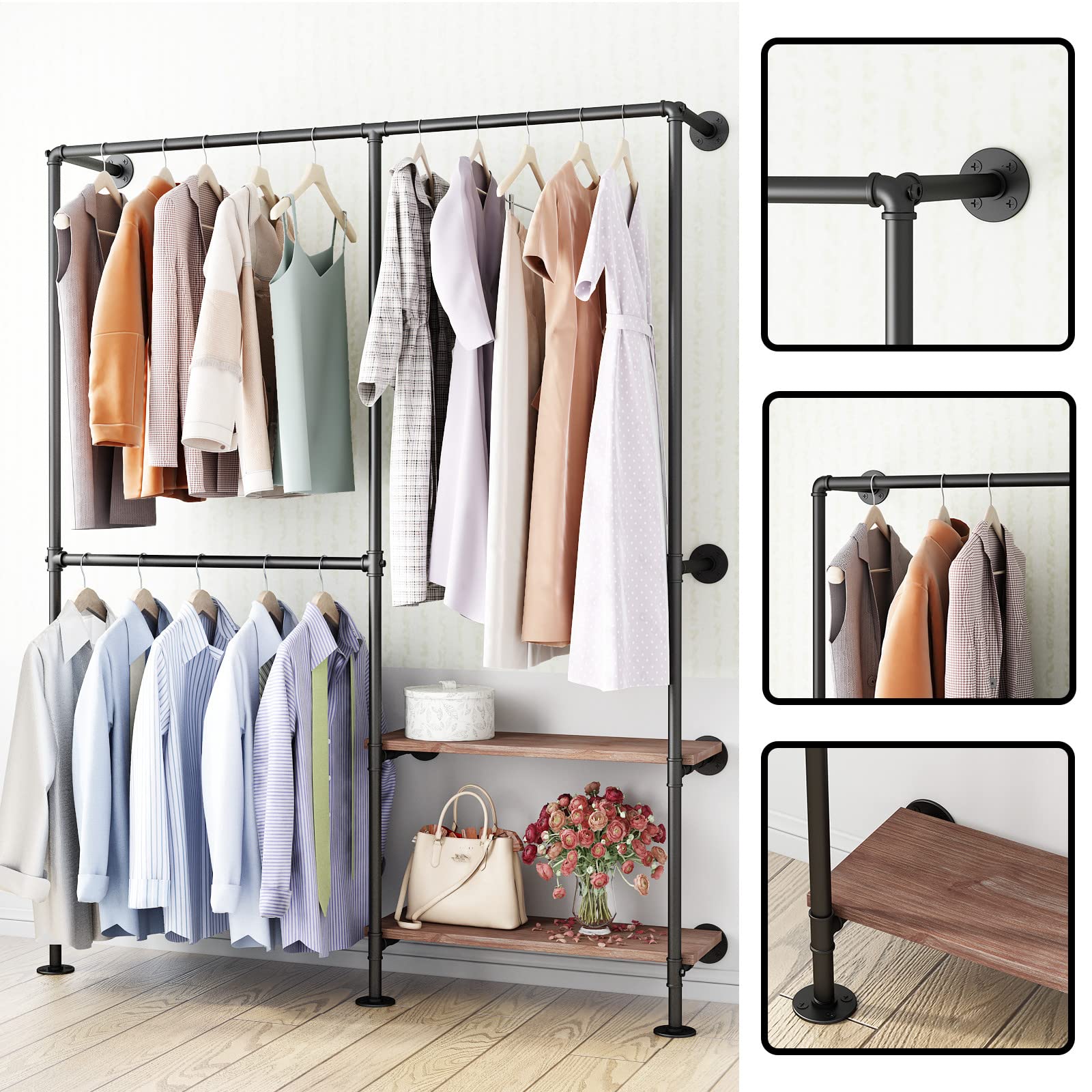 Ironjiazu Industrial Pipe Clothes Racks With Black Shelves, Industrial Pipe Black Clothing Rack With Double Hanging Rods, Heavy