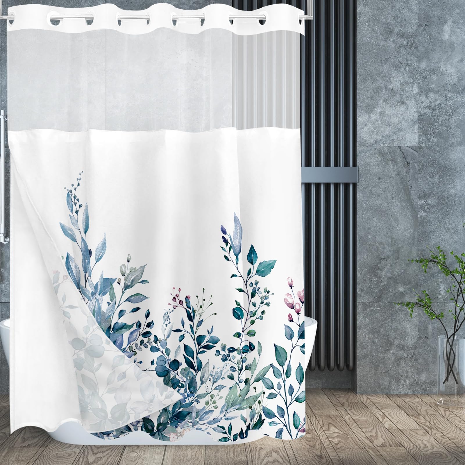 Tititex No Hooks Snap In Liner Blue Eucalyptus Leaves Shower Curtain Sets, Hotel Luxury Double Layers Waterproof Fabric & See-Th