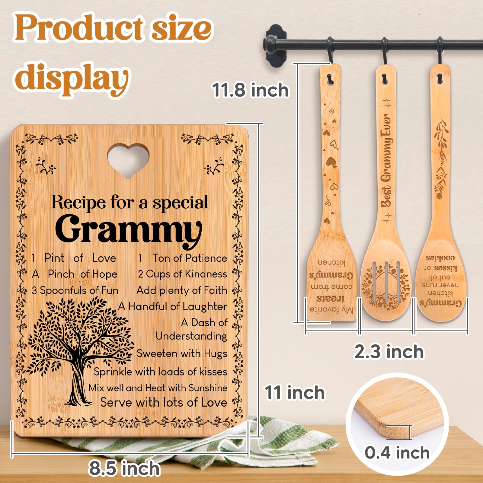 Grammy Gifts -  Recipe for a Special Grammy  Gifts for Grammy Cutting Board Set, Bamboo-Made Engraved Utensil Set Grammy Cutting