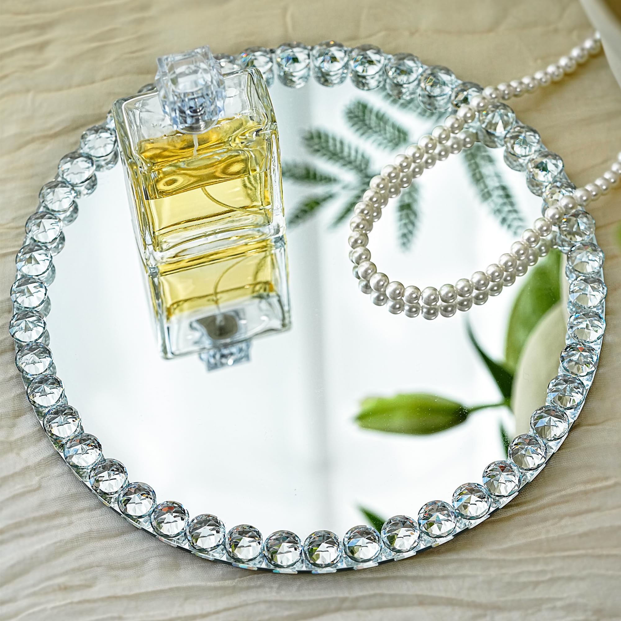 kanpura Crystal Perfume Tray Mirror Glass Makeup Vanity Organizer Jewelry Trinket Display Mirrored Decorative Tray for Bathroom