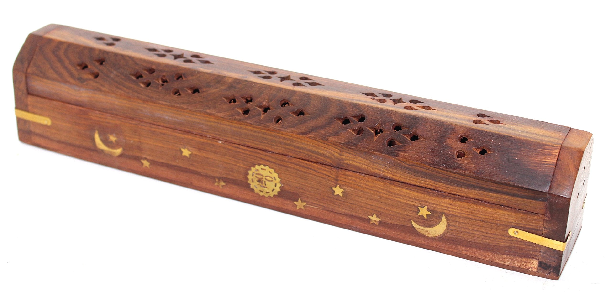Govinda Wooden Coffin Incense Burner - 12 Sun Moon Star - Brass Inlays - Storage Compartment 