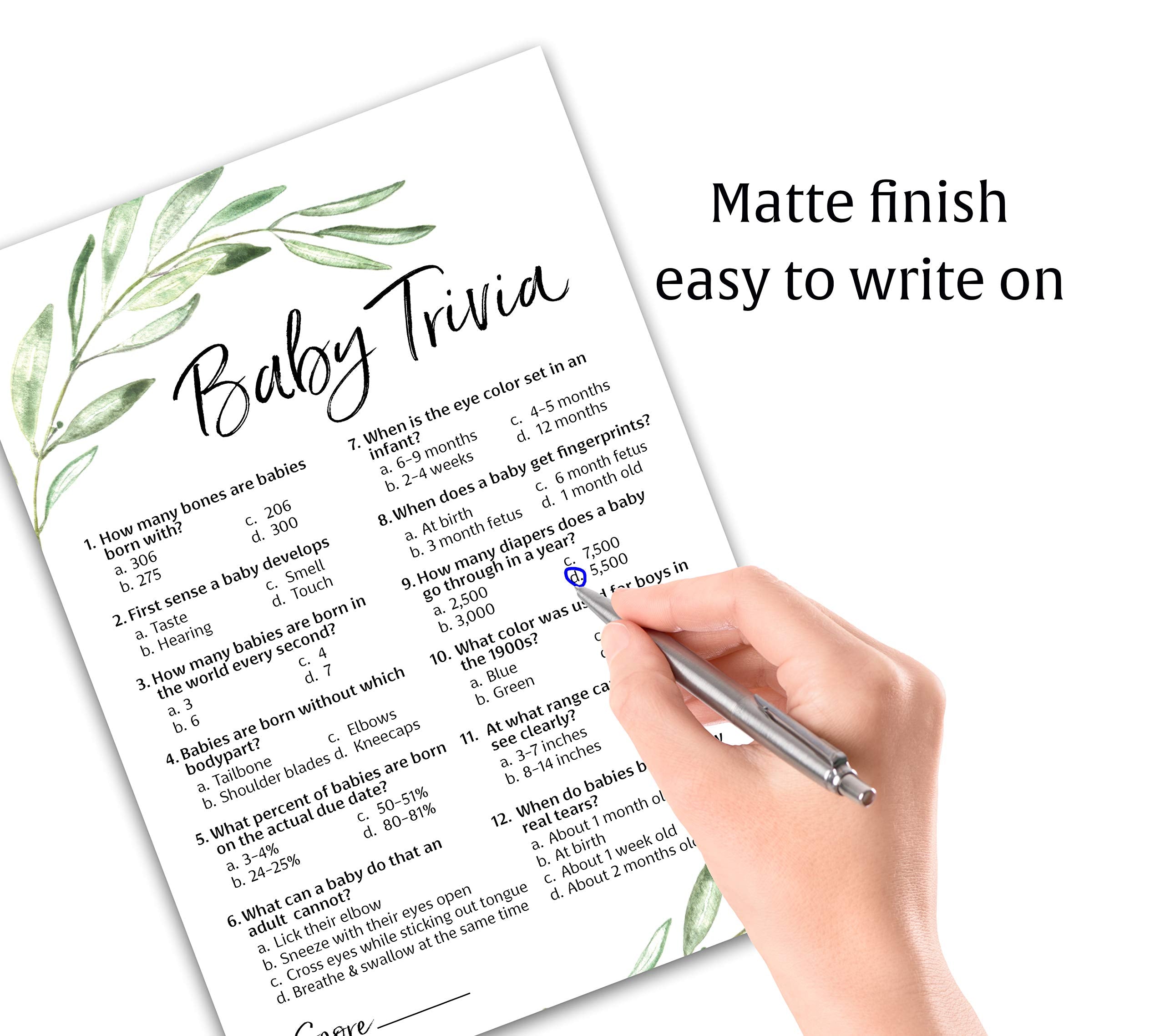 Greenery Baby Shower Game - Baby Trivia Games - Pack Of 25 - Fun Baby Facts Games, Floral, Green, Olive Branch Baby Shower Activ