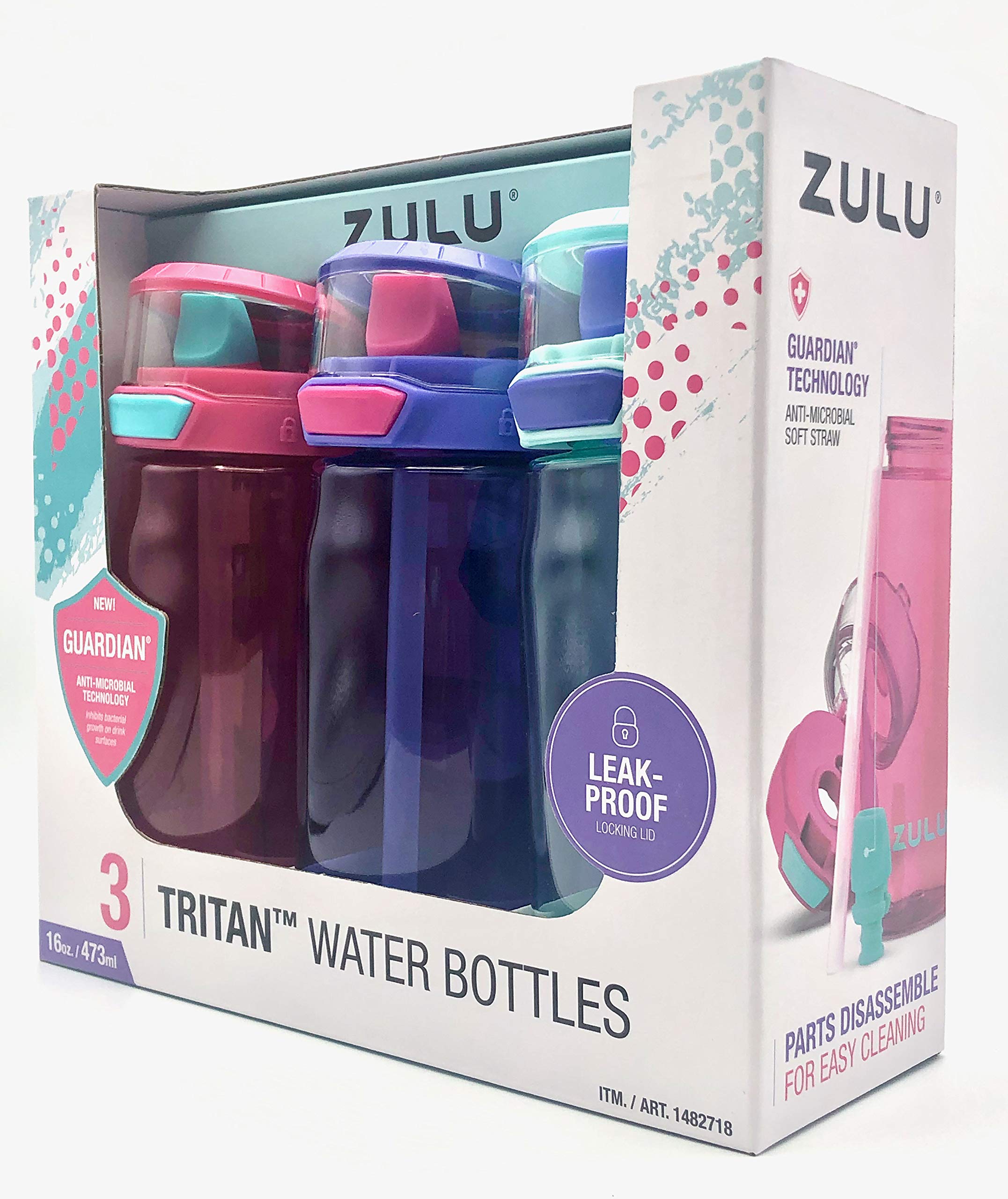 Zulu 3 Tritan Water Bottles Flex 3 Pack Pink,Purple And Mint 16 Oz