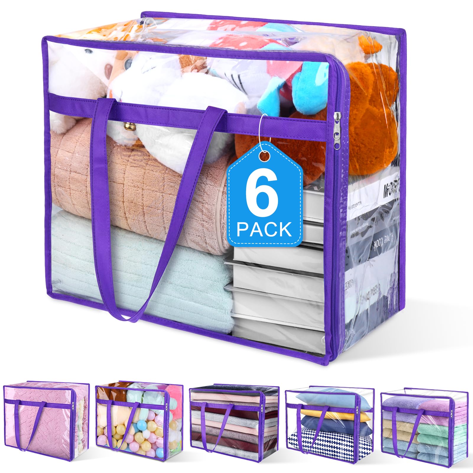 Budding Joy 6 Pack Clear Zippered Storage Bags for Clothes,40L Closet Organizers and Storage Containers Vinyl Moving Bag for Bed
